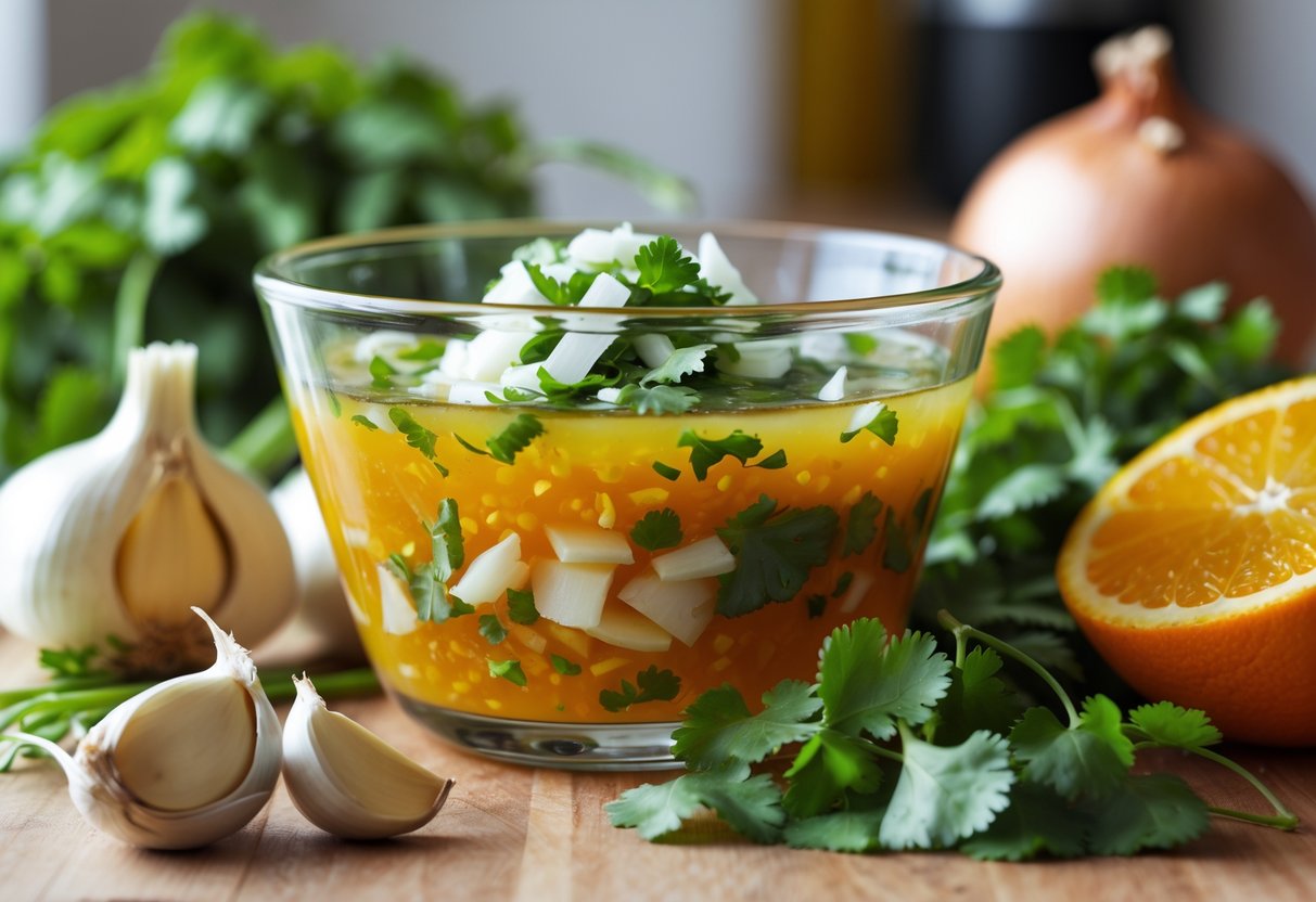 Tigela com marinada feita de suco de laranja, alho, cebola e coentro, rodeada pelos ingredientes frescos sobre uma bancada de cozinha.