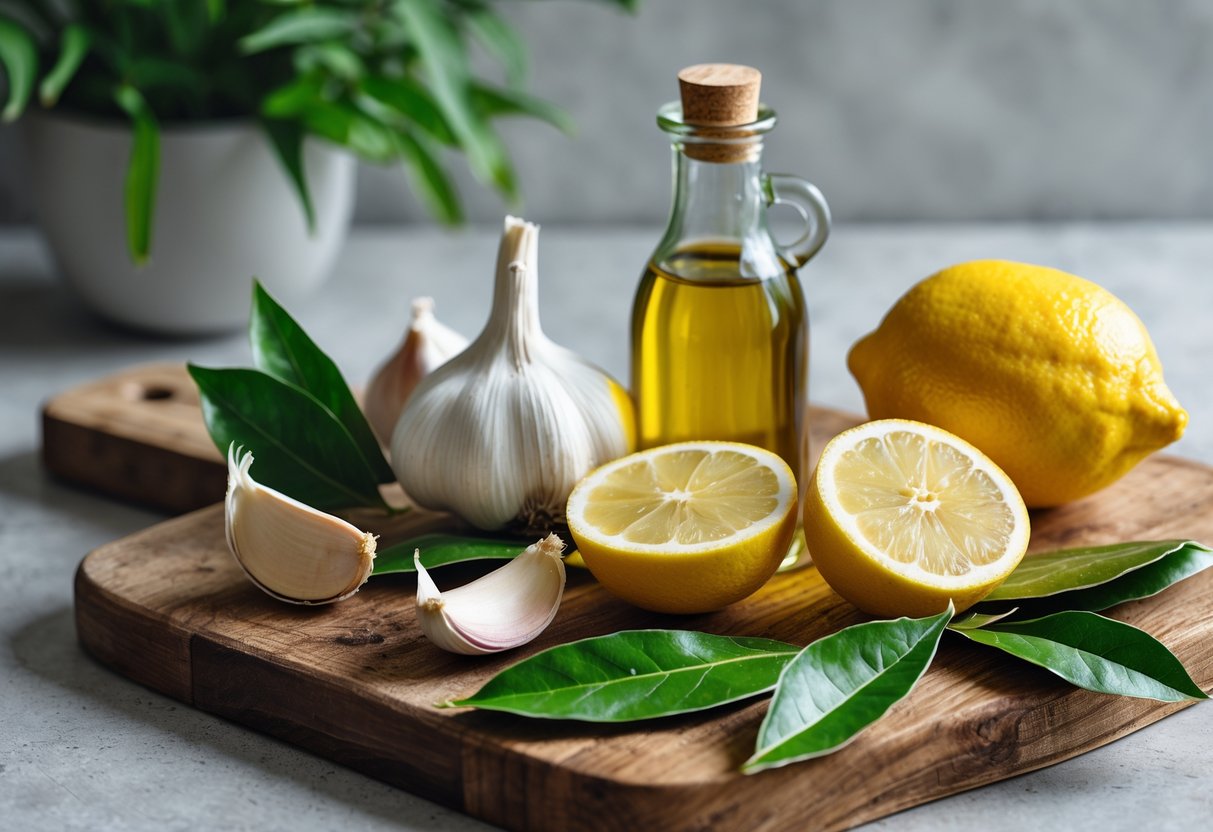 Ingredientes frescos para marinada clássica de limão, alho, azeite e folha de louro dispostos sobre uma tábua de madeira em uma cozinha.