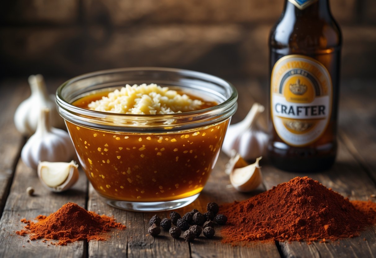 Ingredientes para marinada com cerveja, alho, páprica defumada e pimenta-do-reino em uma mesa de madeira.