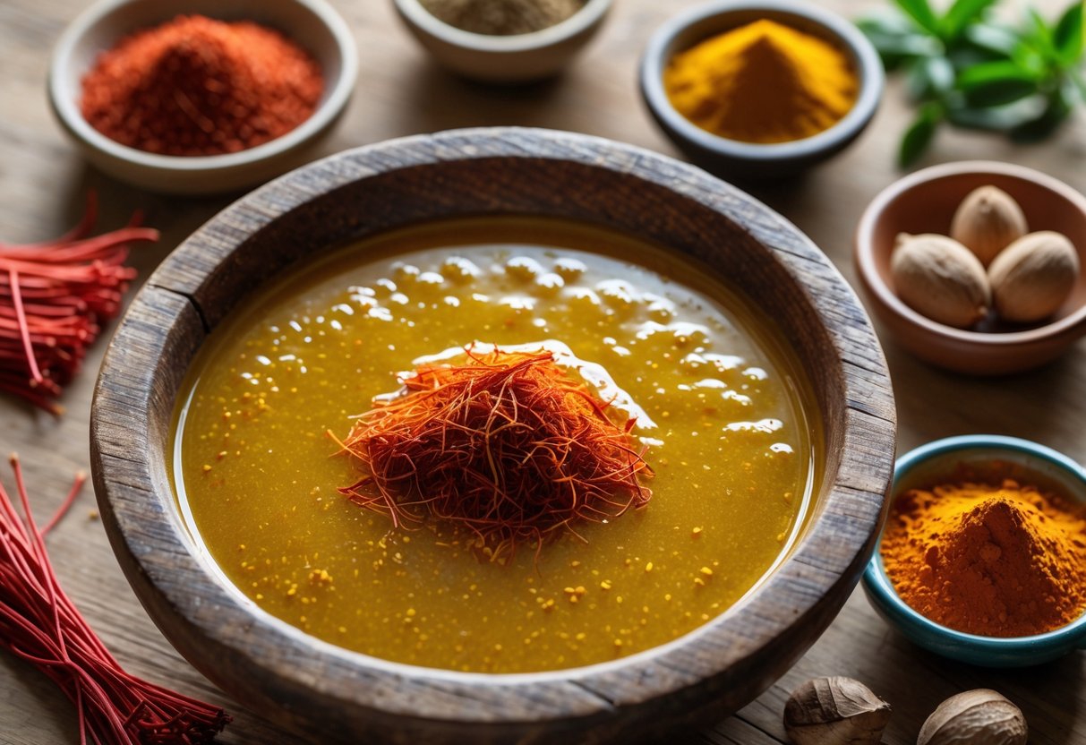 Tigela rústica com marinada dourada ao redor de especiarias como açafrão, noz-moscada e colorau sobre superfície de madeira.
