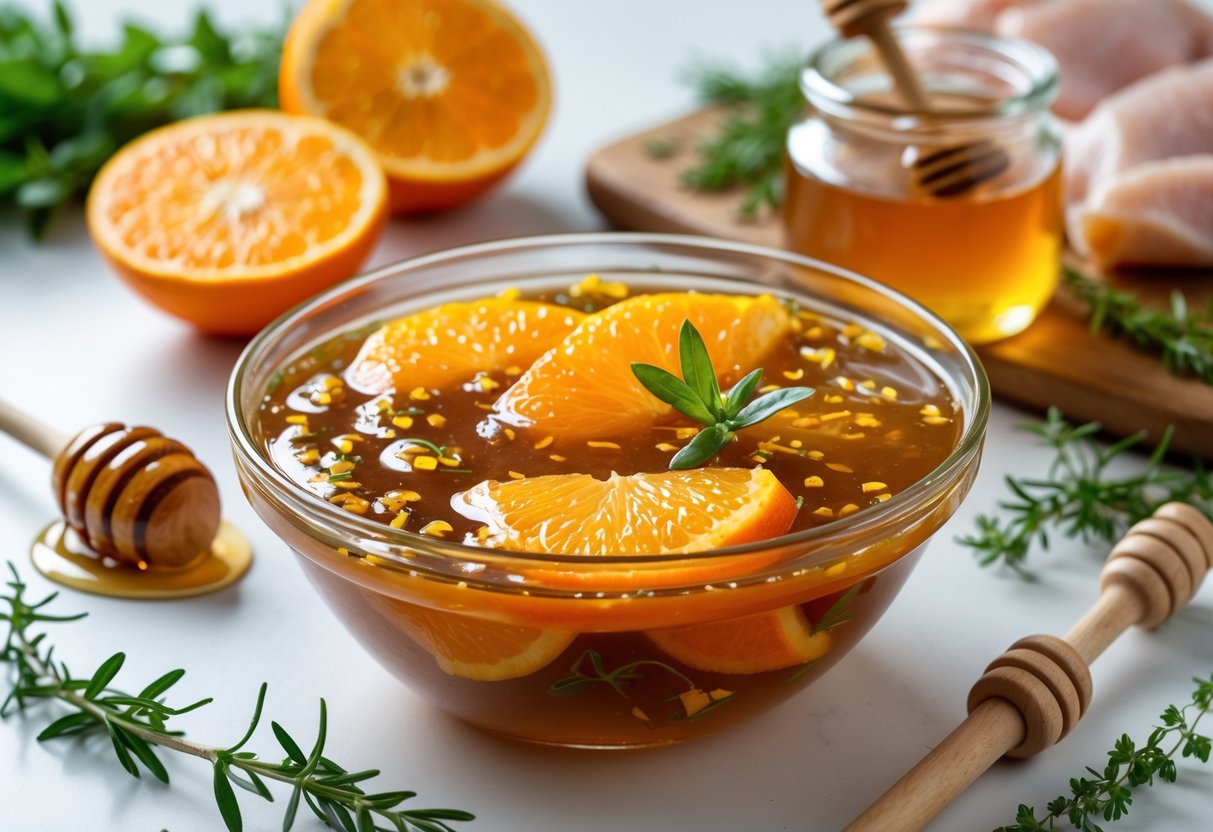 Tigela com marinada de laranja e mel cercada por fatias de laranja, pote de mel e ervas frescas em bancada de cozinha, com pedaços de chester ao fundo.