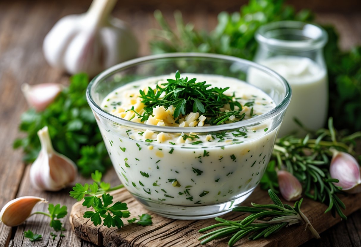 Tigela de vidro com marinada cremosa de iogurte natural, alho picado e ervas frescas sobre uma superfície de madeira, cercada por dentes de alho e ramos de ervas.