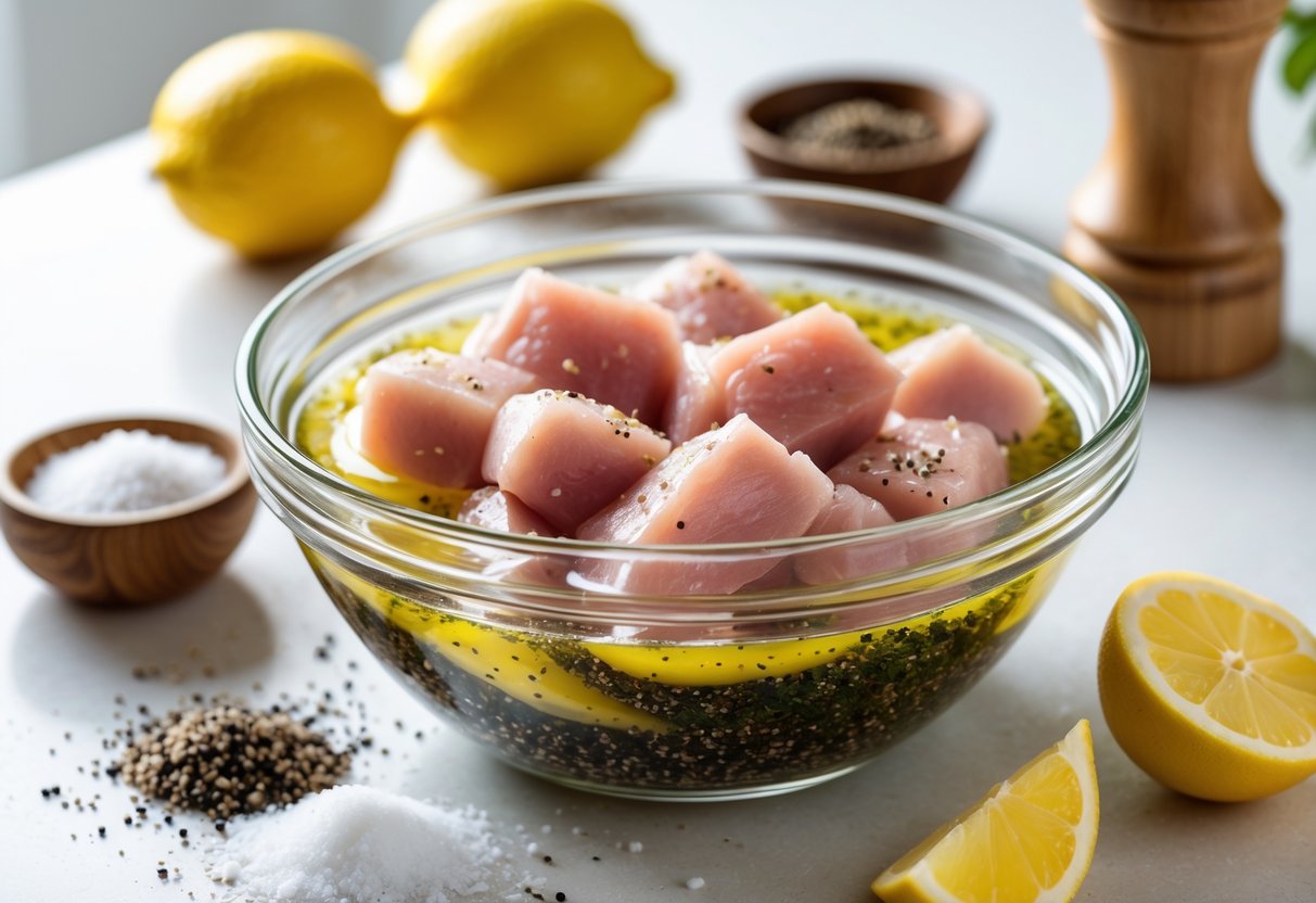Tigela de vidro com pedaços de chester cru sendo marinados com sal, pimenta e suco de limão, rodeada por limões e utensílios de cozinha sobre uma bancada clara.