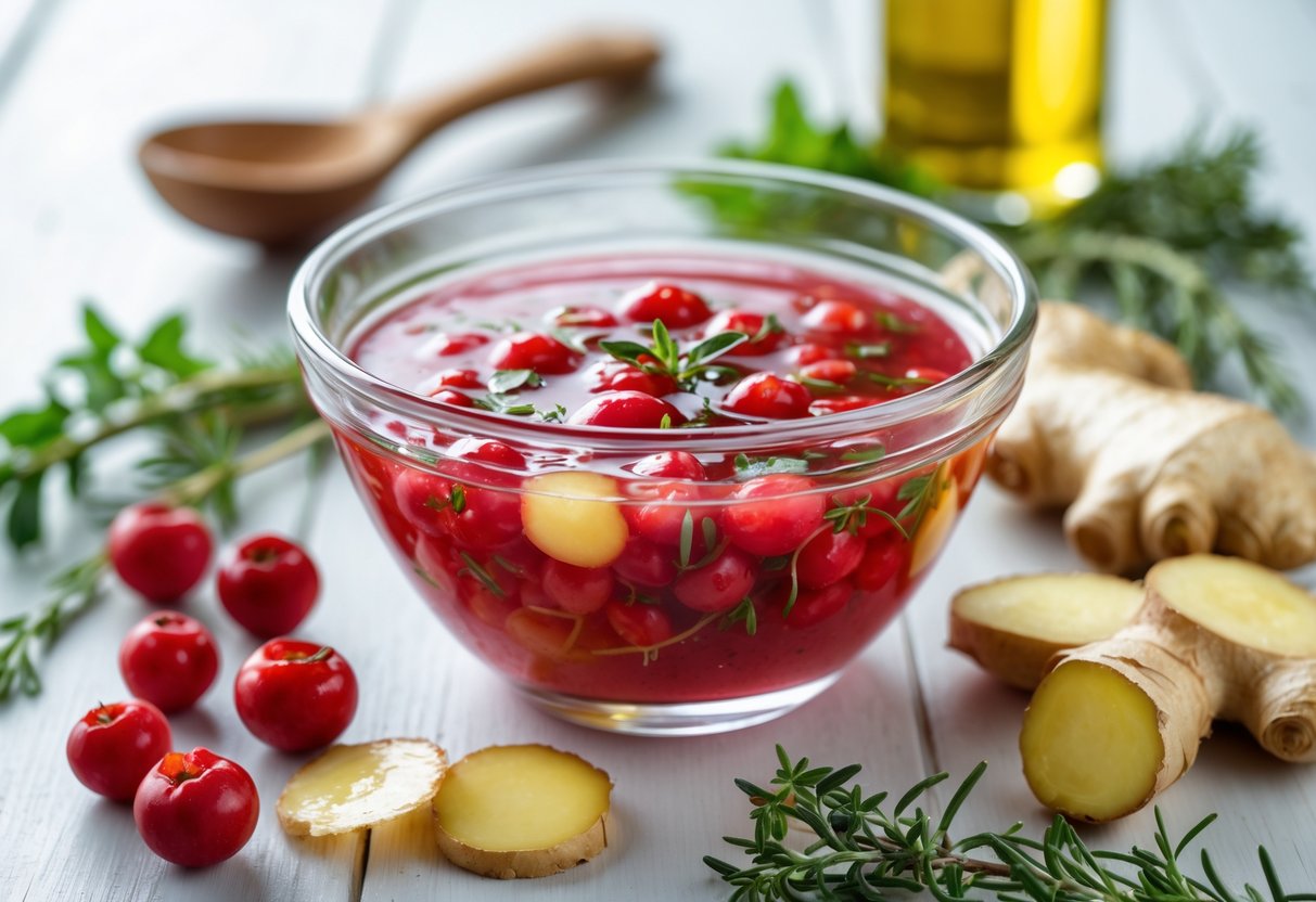 Tigela com marinada vermelha feita com suco de acerola e gengibre, cercada por acerolas frescas, gengibre fatiado e ervas sobre uma superfície de madeira.