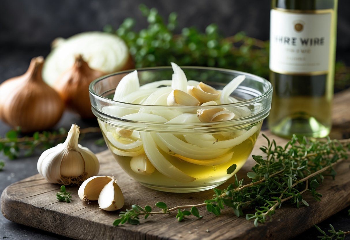 Tigela de vidro com marinada de vinho branco, cebola fatiada e dentes de alho sobre bancada de madeira, cercada por ingredientes frescos como alho, cebola, ervas e garrafa de vinho.