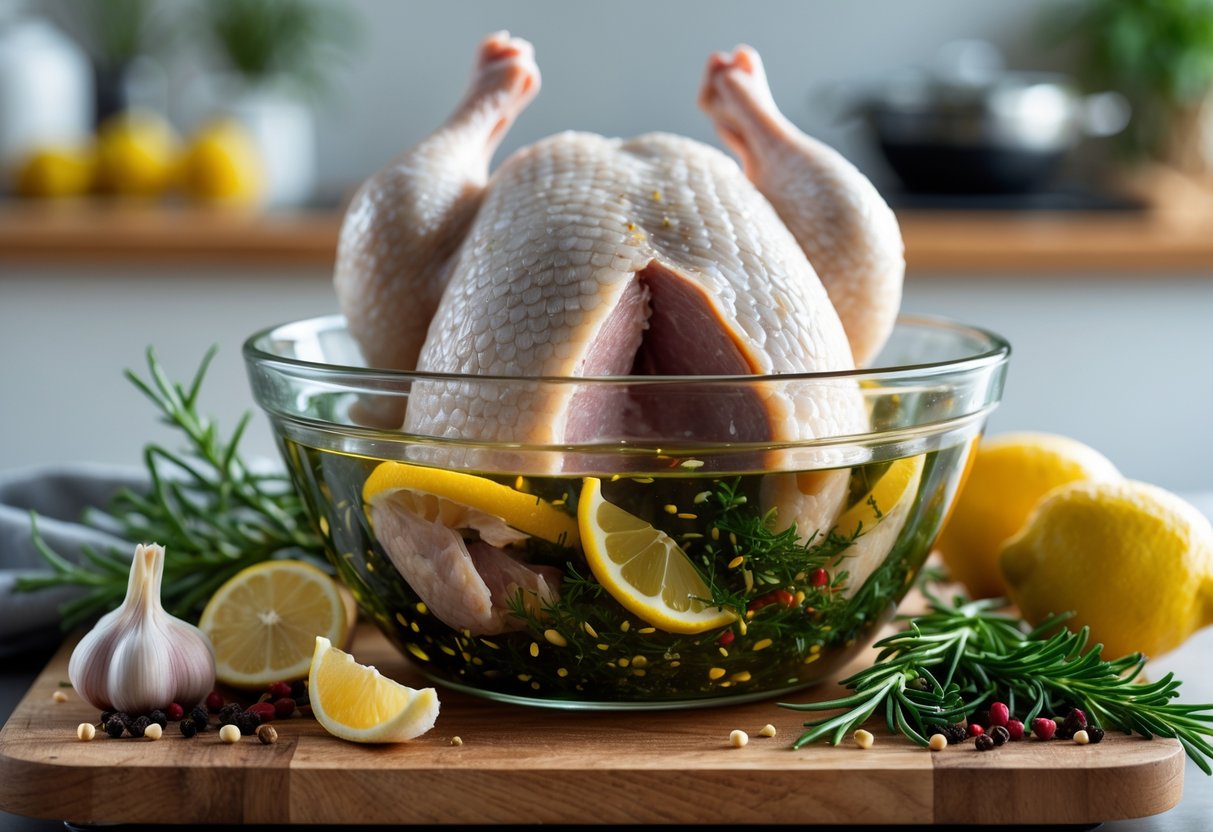 Uma tigela de vidro com um chester cru sendo marinado, rodeada por ervas frescas, alho e limões sobre uma bancada de madeira em uma cozinha.