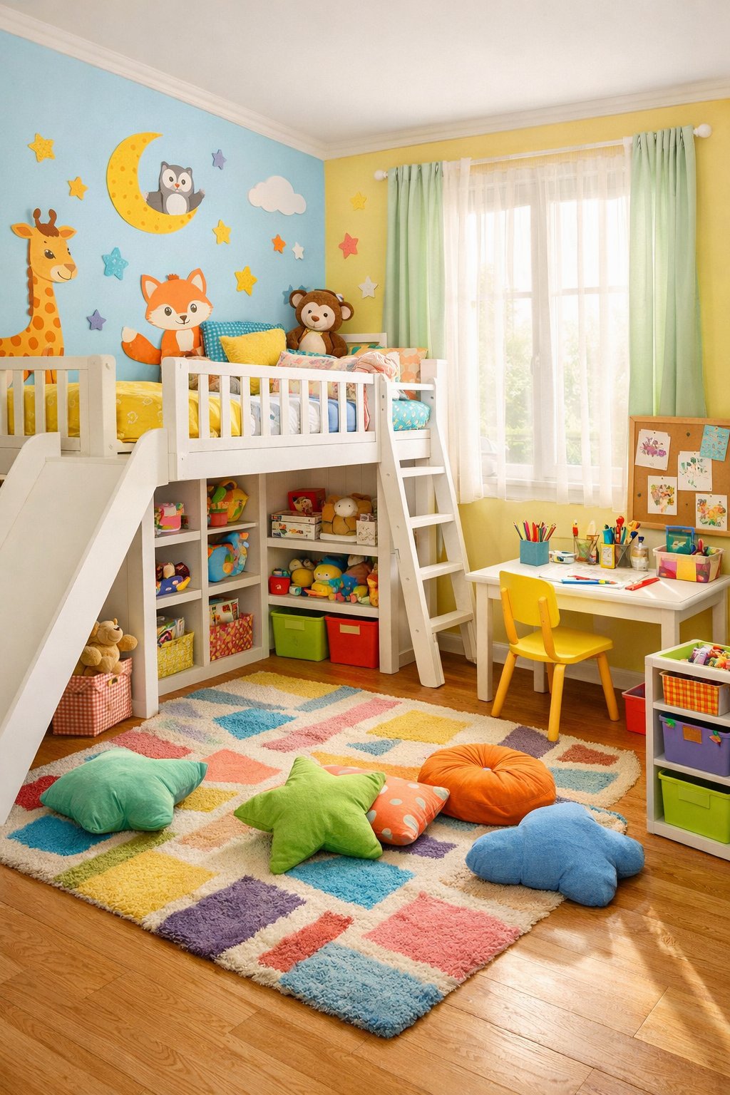 Kids Bedroom Ideas: Creative & Fun Designs for 7 Smart Design Concepts 2 A colorful kids' bedroom with a loft bed, toys, art supplies, and a large window letting in natural light.