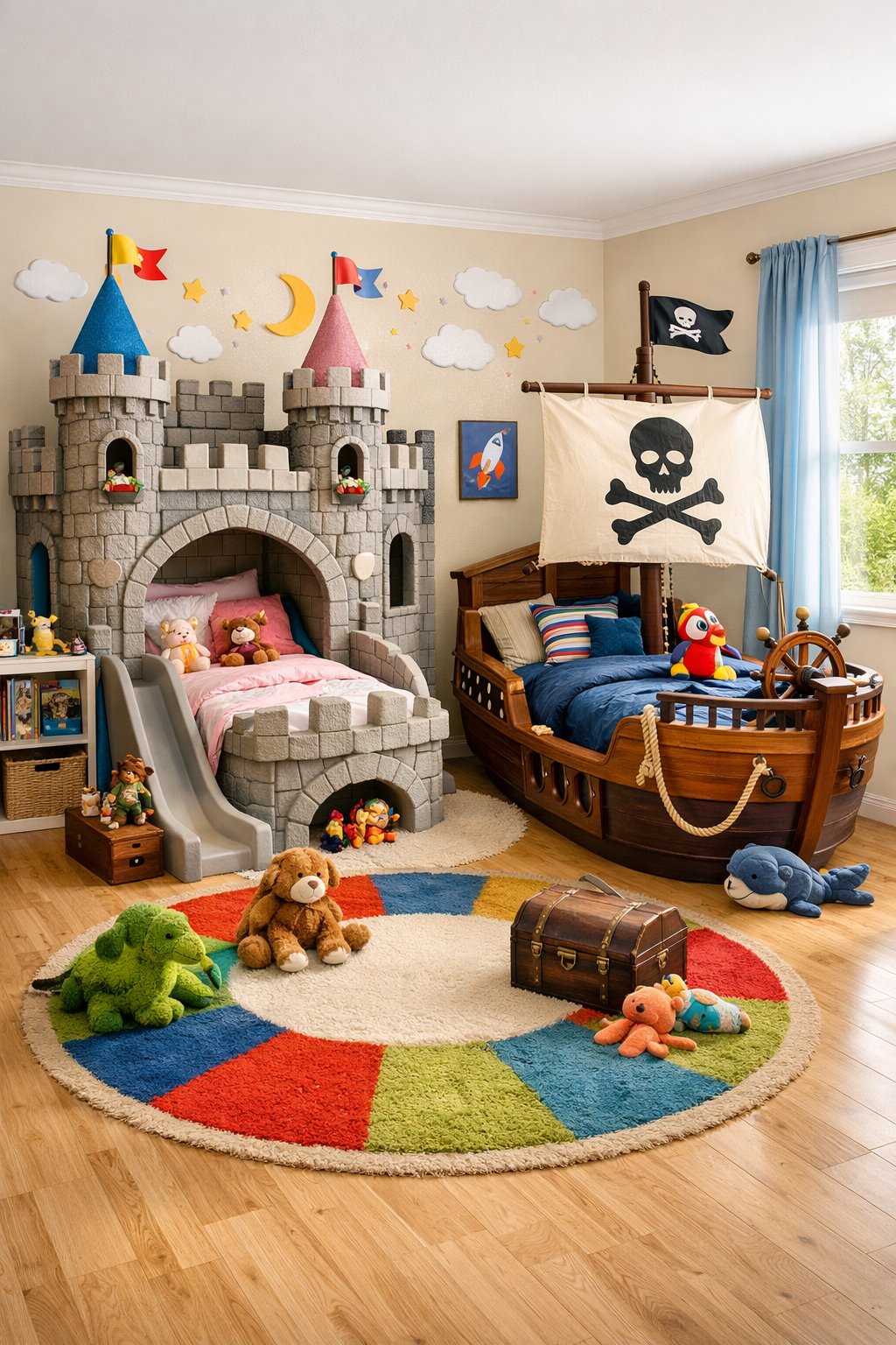 Kids Bedroom Ideas: Creative & Fun Designs for 7 Smart Design Concepts 3 A kids' bedroom with a castle-shaped bed and a pirate ship-shaped bed surrounded by toys and colorful decorations.