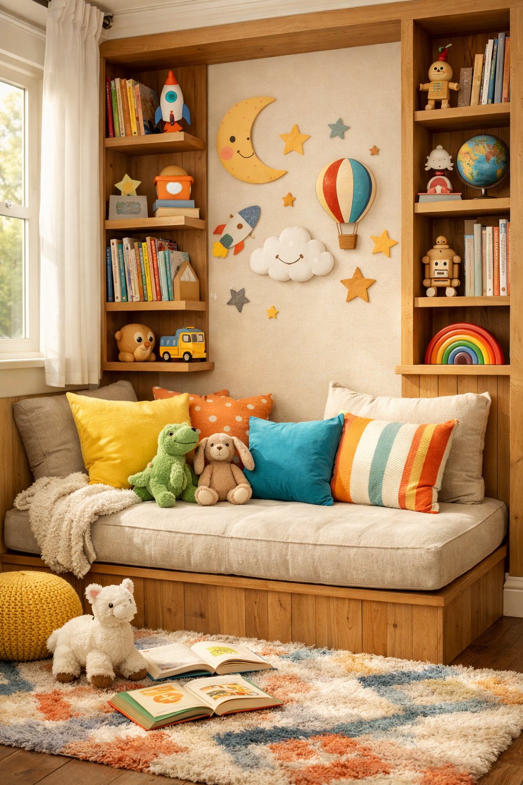 Kids Bedroom Ideas: Creative & Fun Designs for 7 Smart Design Concepts 4 A cozy kids' bedroom reading nook with built-in shelves filled with books and a cushioned bench with pillows.