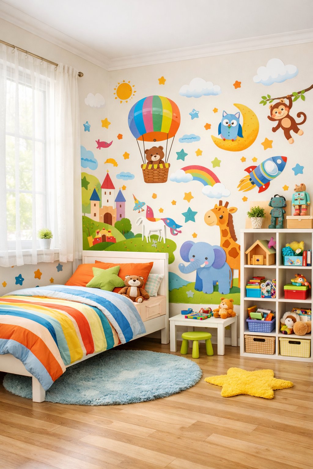 Kids Bedroom Ideas: Creative & Fun Designs for 7 Smart Design Concepts 5 A kids' bedroom with colorful wall murals and removable decals, a bed with bright bedding, toys on shelves, and sunlight coming through a window.