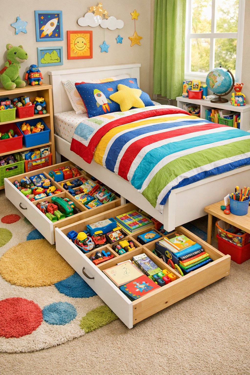 Kids Bedroom Ideas: Creative & Fun Designs for 7 Smart Design Concepts 6 A kids' bedroom with under-bed drawers open showing organized toys and colorful toy organizers filled with toys and books.