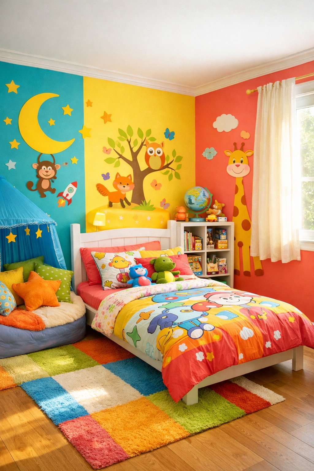 Kids Bedroom Ideas: Creative & Fun Designs for 7 Smart Design Concepts 7 A colorful kids' bedroom with bright painted walls, a cozy bed with patterned bedding, toys, books, and a window letting in natural light.