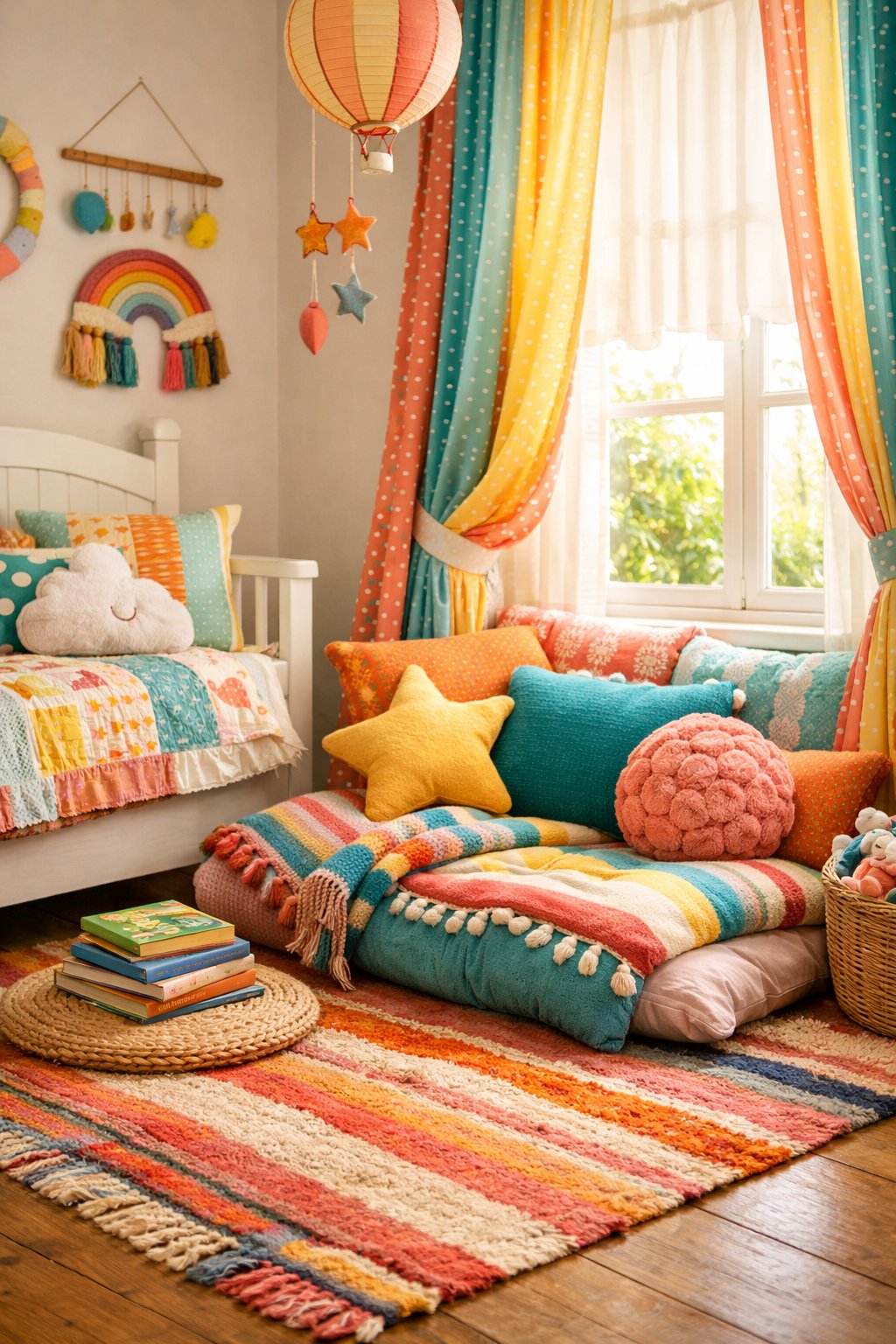 Kids Bedroom Ideas: Creative & Fun Designs for 7 Smart Design Concepts 8 A kids' bedroom with colorful rugs, cushions, and curtains, filled with natural light and playful decor.