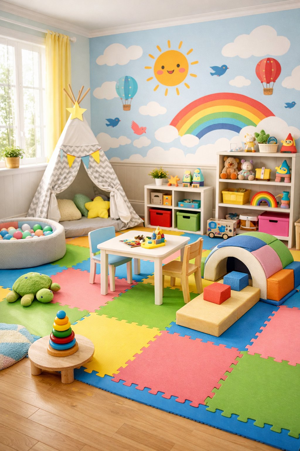 Kids Bedroom Ideas: Creative & Fun Designs for 7 Smart Design Concepts 9 A children's bedroom with a dedicated play area featuring colorful soft flooring, toys, and child-sized furniture.
