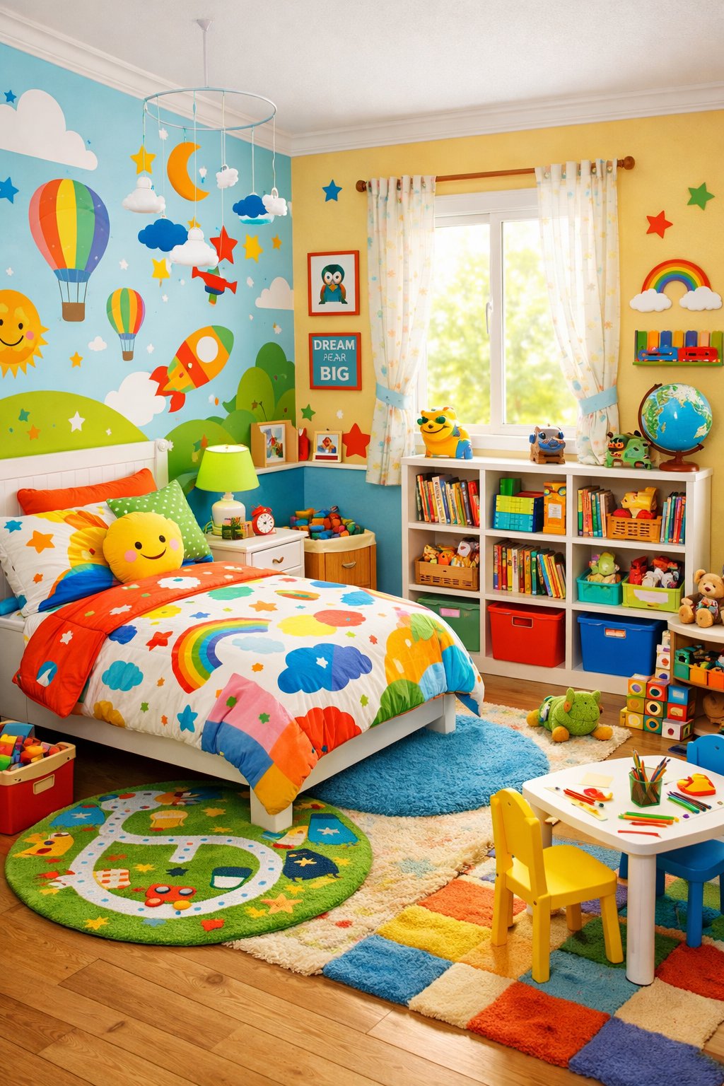 Kids Bedroom Ideas: Creative & Fun Designs for 7 Smart Design Concepts 10 A colorful and well-organized kids' bedroom with a bed, toys, bookshelves, and natural light coming through a window.
