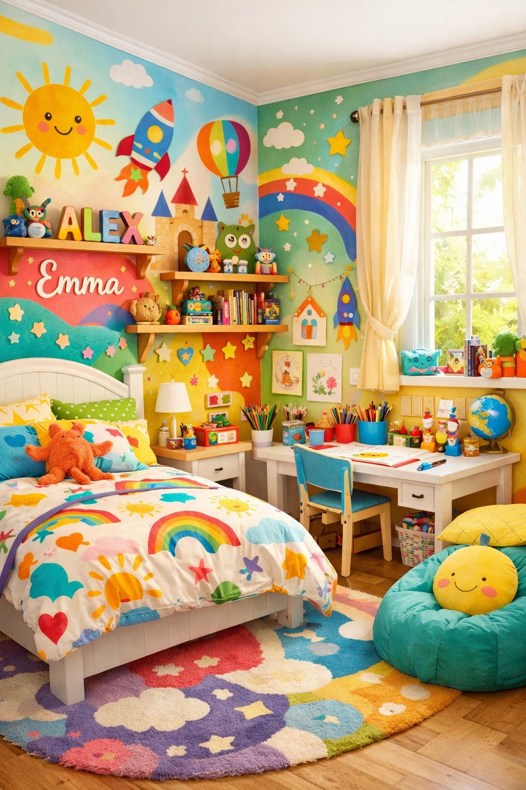 Kids Bedroom Ideas: Creative & Fun Designs for 7 Smart Design Concepts 11 A colorful kids' bedroom with toys, books, art supplies, and personalized decorations in a bright and inviting space.