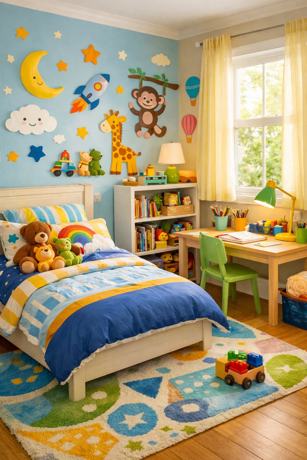 Kids Bedroom Ideas: Creative & Fun Designs for 7 Smart Design Concepts 12 A bright and colorful kids' bedroom with a cozy bed, toys, books, and a study desk, filled with natural light.