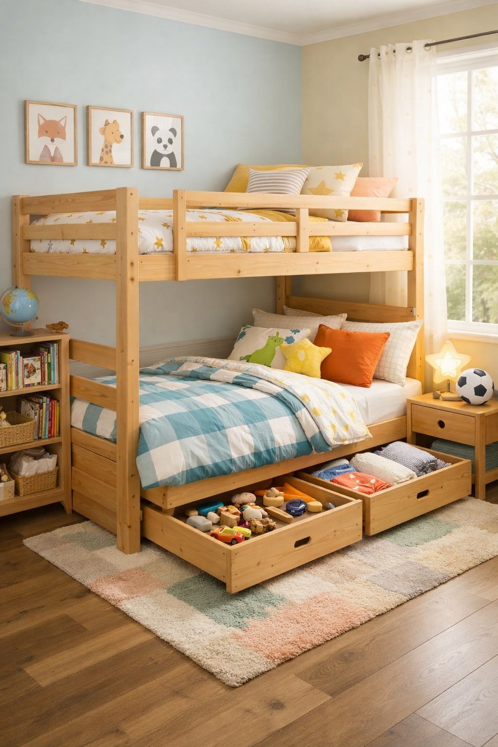 A kids' shared bedroom with wooden bunk beds that have built-in storage drawers underneath, decorated with colorful bedding and soft natural light.