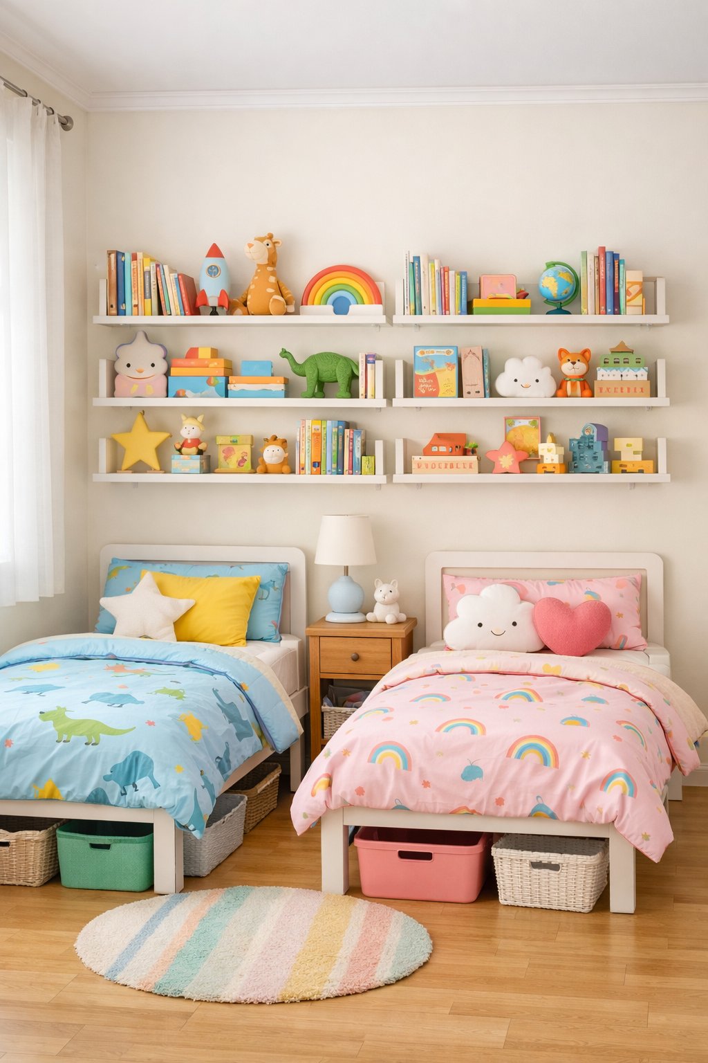 A kids' shared bedroom with two small beds and wall-mounted shelves holding books and toys, arranged to maximize space.