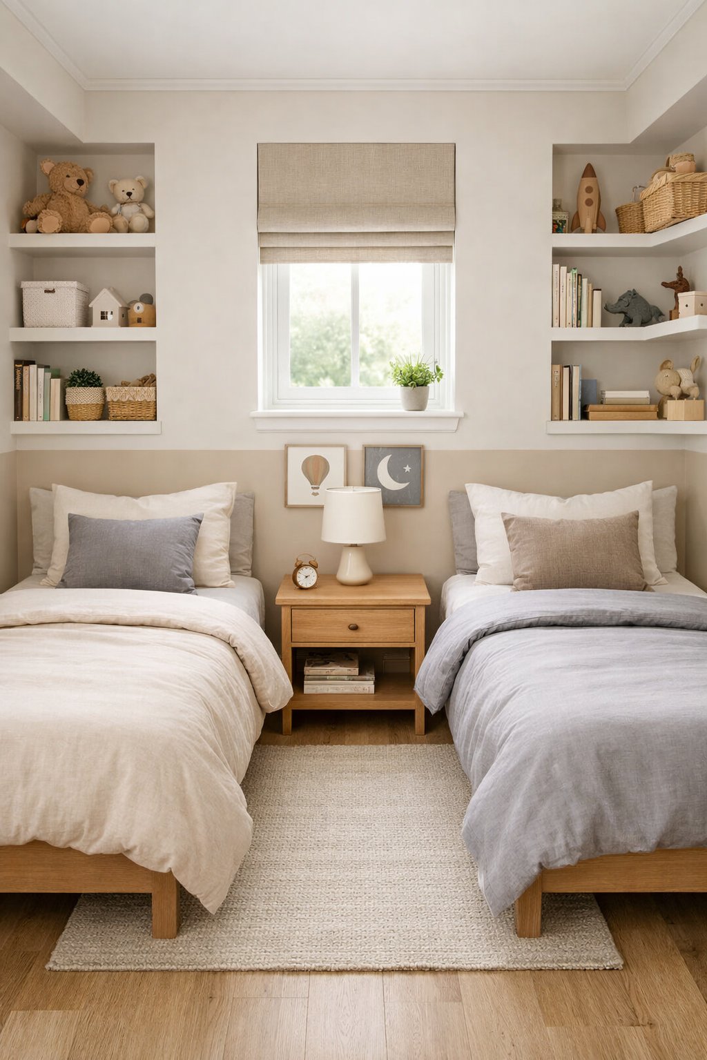 A small shared bedroom with two beds, a nightstand, shelves with toys and books, and natural light coming through a window.