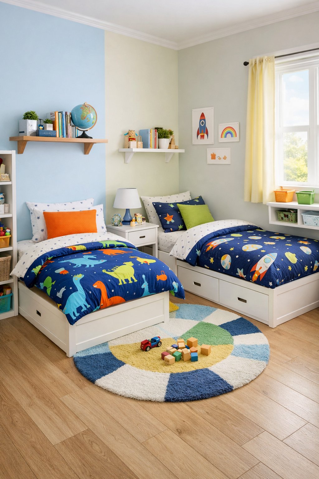 A kids' shared bedroom with twin beds arranged in an L-shape, colorful bedding, storage shelves, and natural light from a window.