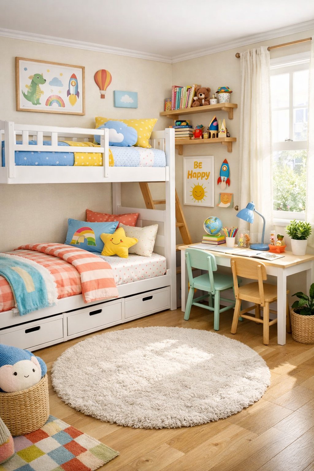 A shared children's bedroom with two beds, a study desk, shelves with toys, and natural light coming through a window.