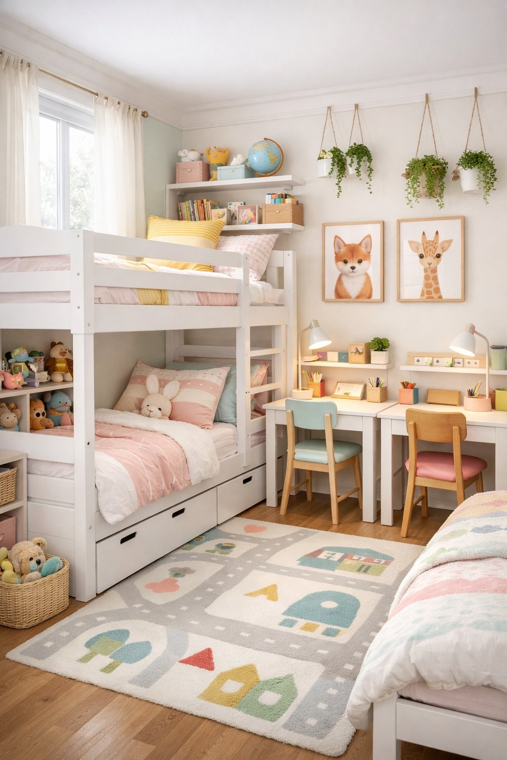 A shared children's bedroom with two beds, desks, shelves with toys and books, and natural light coming through a window.