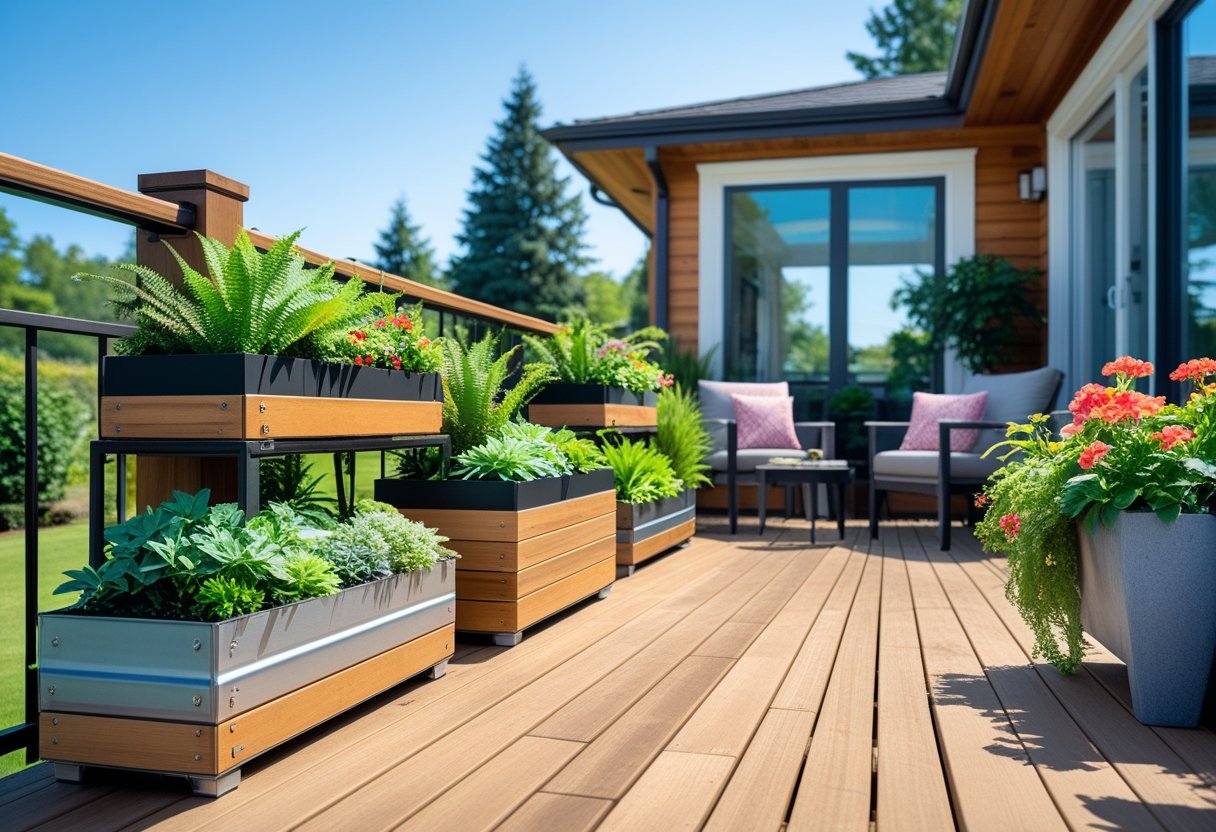 A wooden deck with several planter boxes filled with green plants and colorful flowers, surrounded by outdoor seating and a garden background.