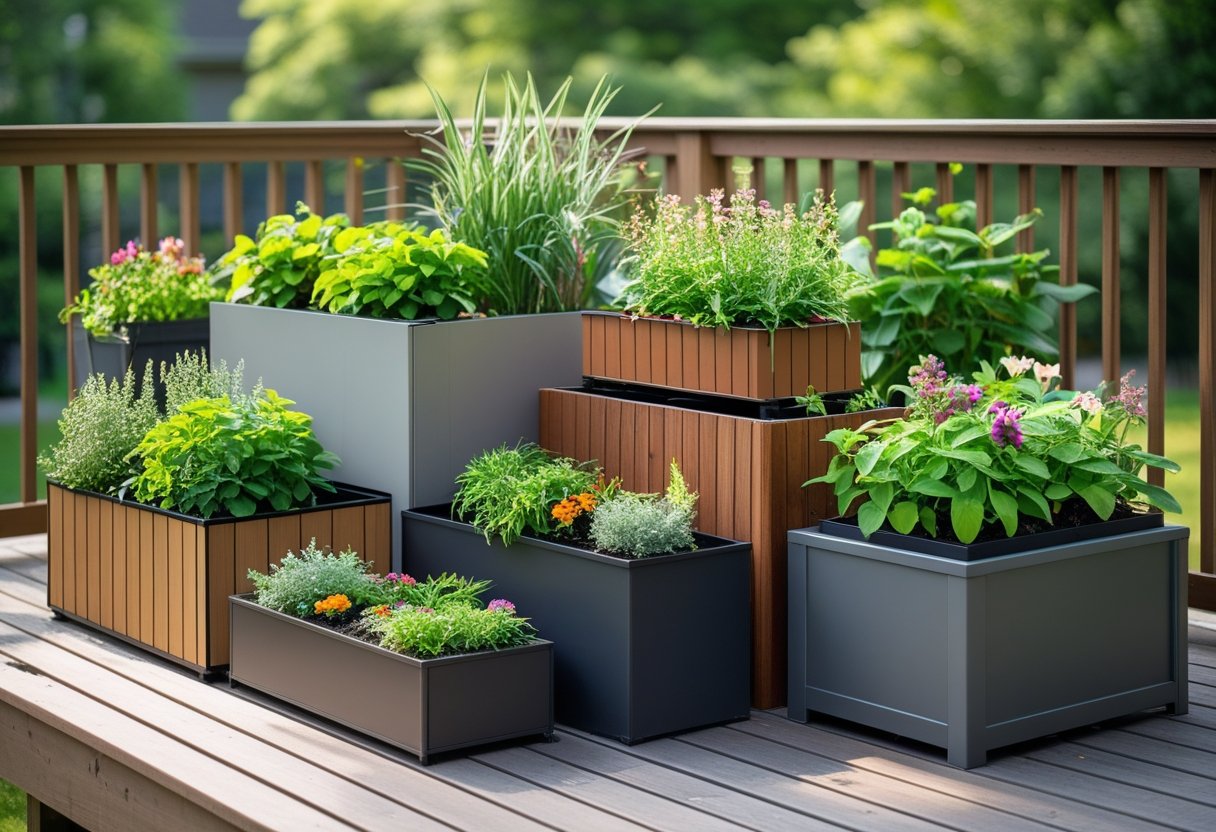 A wooden deck with various planter boxes filled with green plants and colorful flowers arranged in different shapes and sizes.