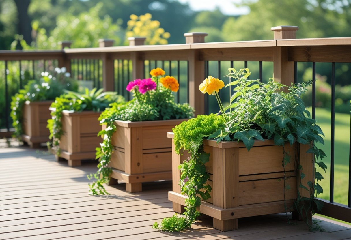 Outdoor wooden deck with several planter boxes filled with colorful flowers and green plants under natural sunlight.
