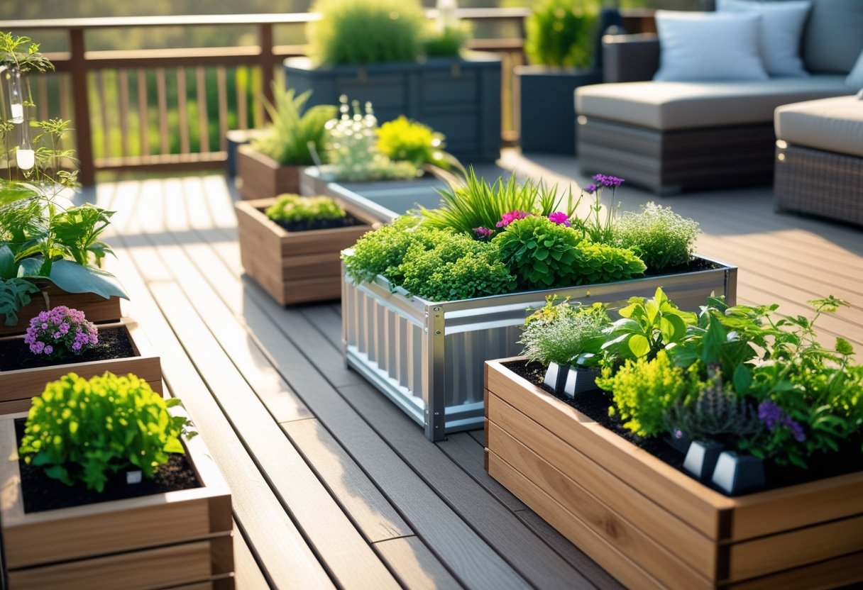 A wooden deck with various planter boxes filled with green plants and colorful flowers, accompanied by outdoor seating and decorative elements.