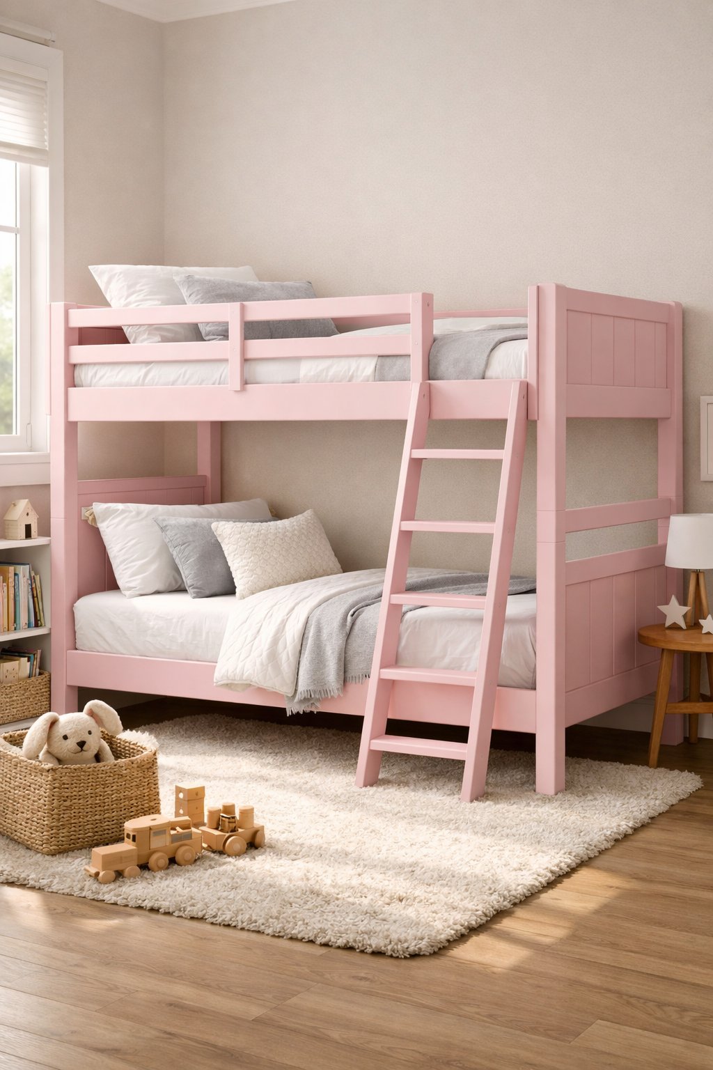 Modern Pink Bunk Bed Design Ideas: 7 Practical Concepts for Contemporary Rooms 1 A pink bunk bed in a bright children's bedroom with a ladder and safety railing, surrounded by books and toys.