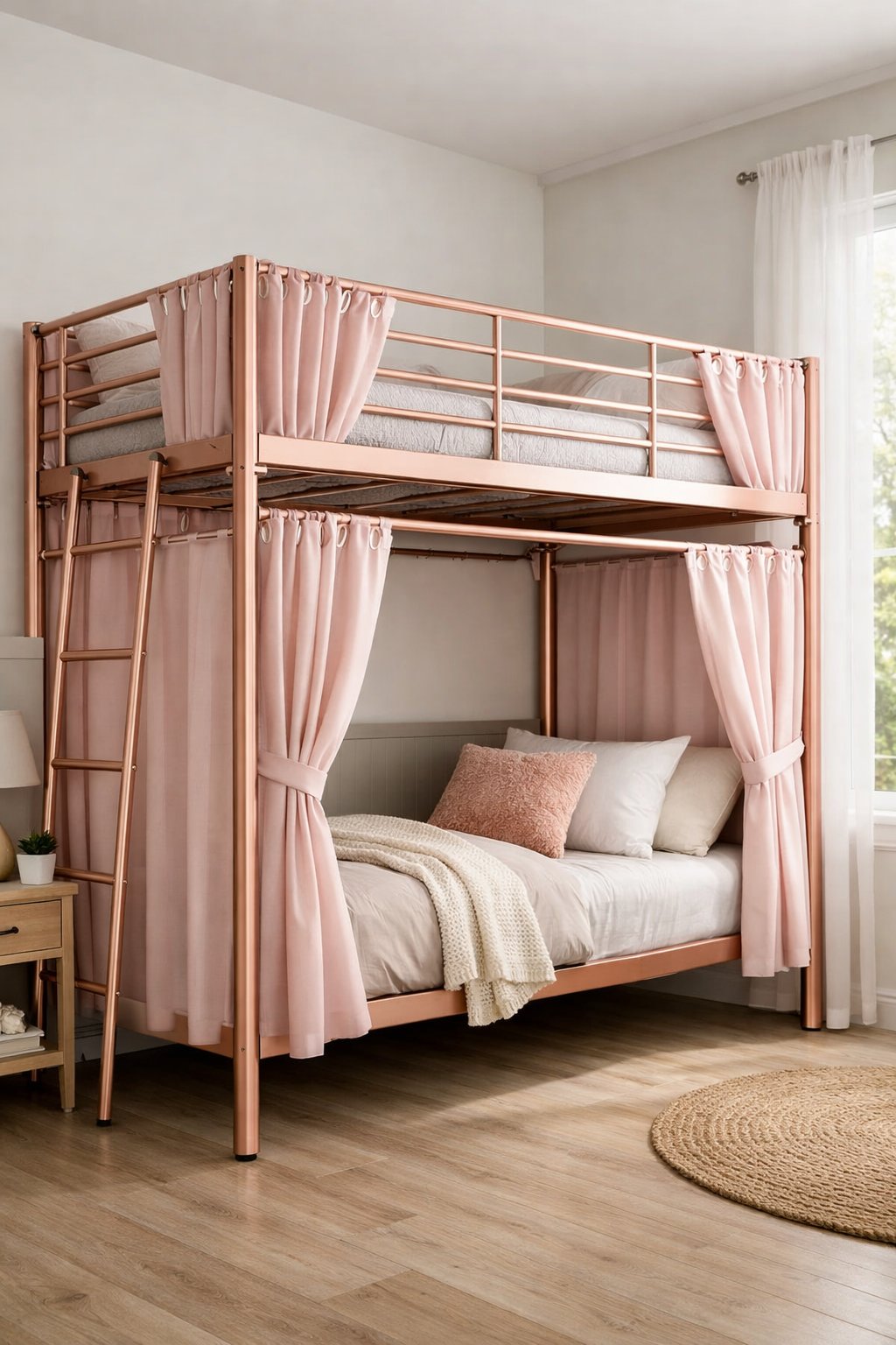 Modern Pink Bunk Bed Design Ideas: 7 Practical Concepts for Contemporary Rooms 3 A rose gold metal loft bunk bed with privacy curtains in a bright bedroom.