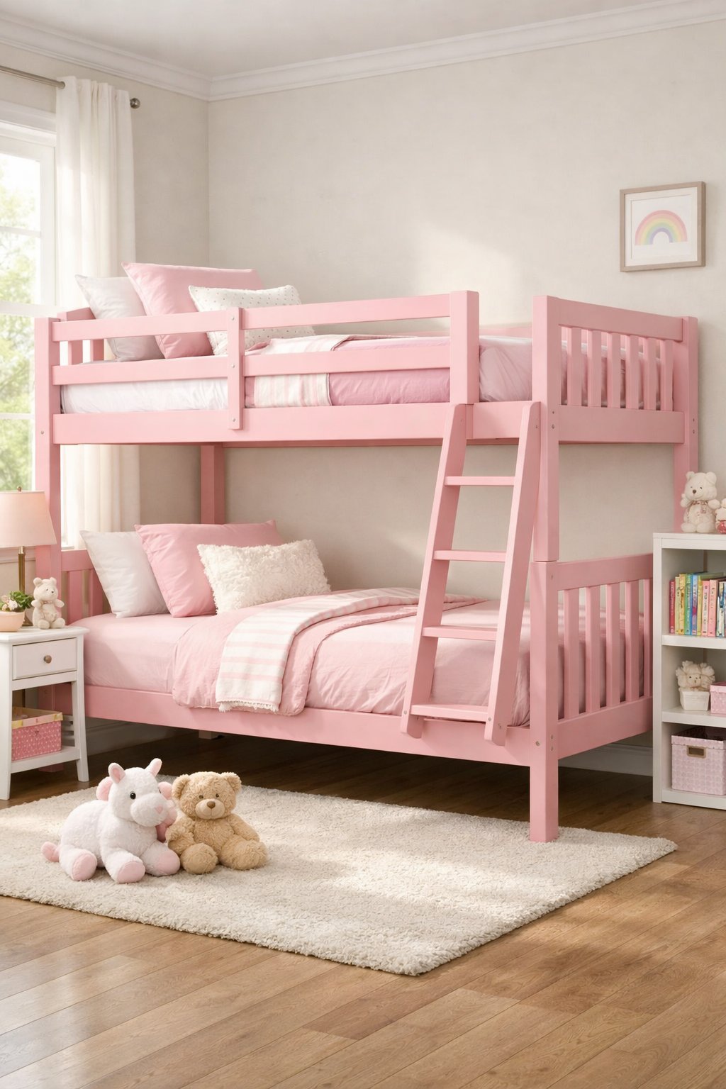Modern Pink Bunk Bed Design Ideas: 7 Practical Concepts for Contemporary Rooms 4 A twin bunk bed painted pink in a bright girls' bedroom with bedding and toys.
