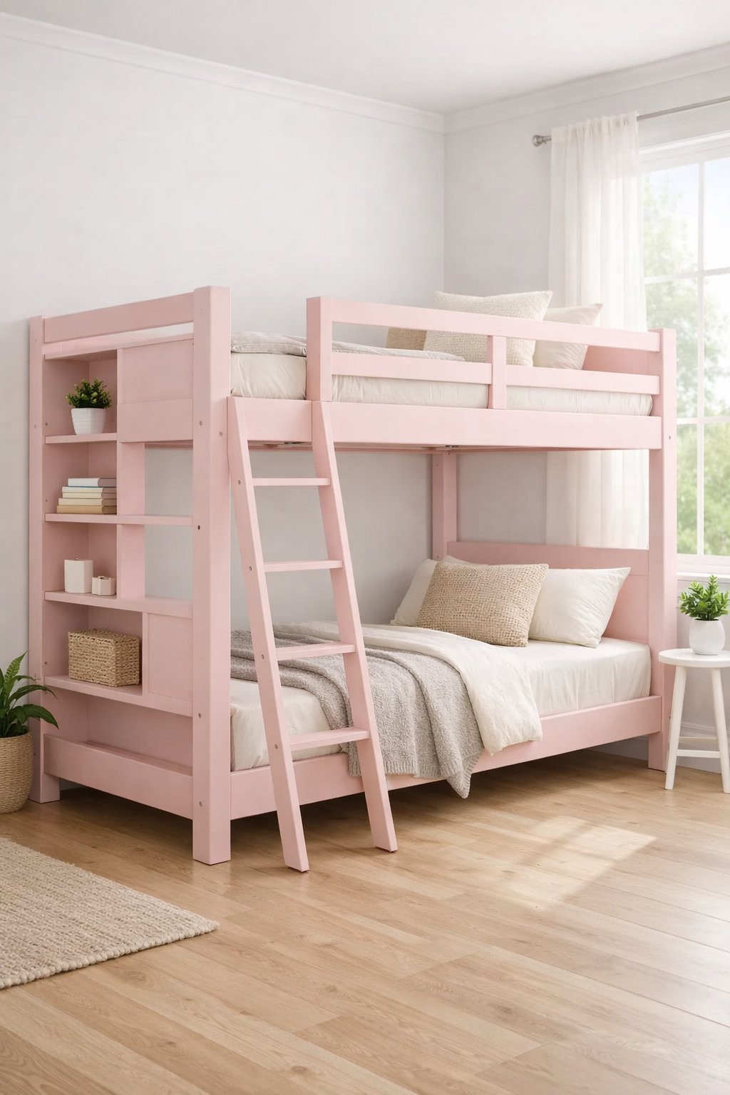 Modern Pink Bunk Bed Design Ideas: 7 Practical Concepts for Contemporary Rooms 5 A pink bunk bed with built-in shelves in a bright bedroom with natural light and minimal decor.