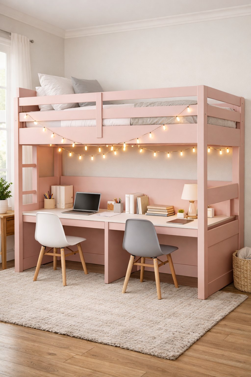 Modern Pink Bunk Bed Design Ideas: 7 Practical Concepts for Contemporary Rooms 6 A blush pink bunk bed with two twin desks underneath and string lights hanging above in a bright, tidy bedroom.