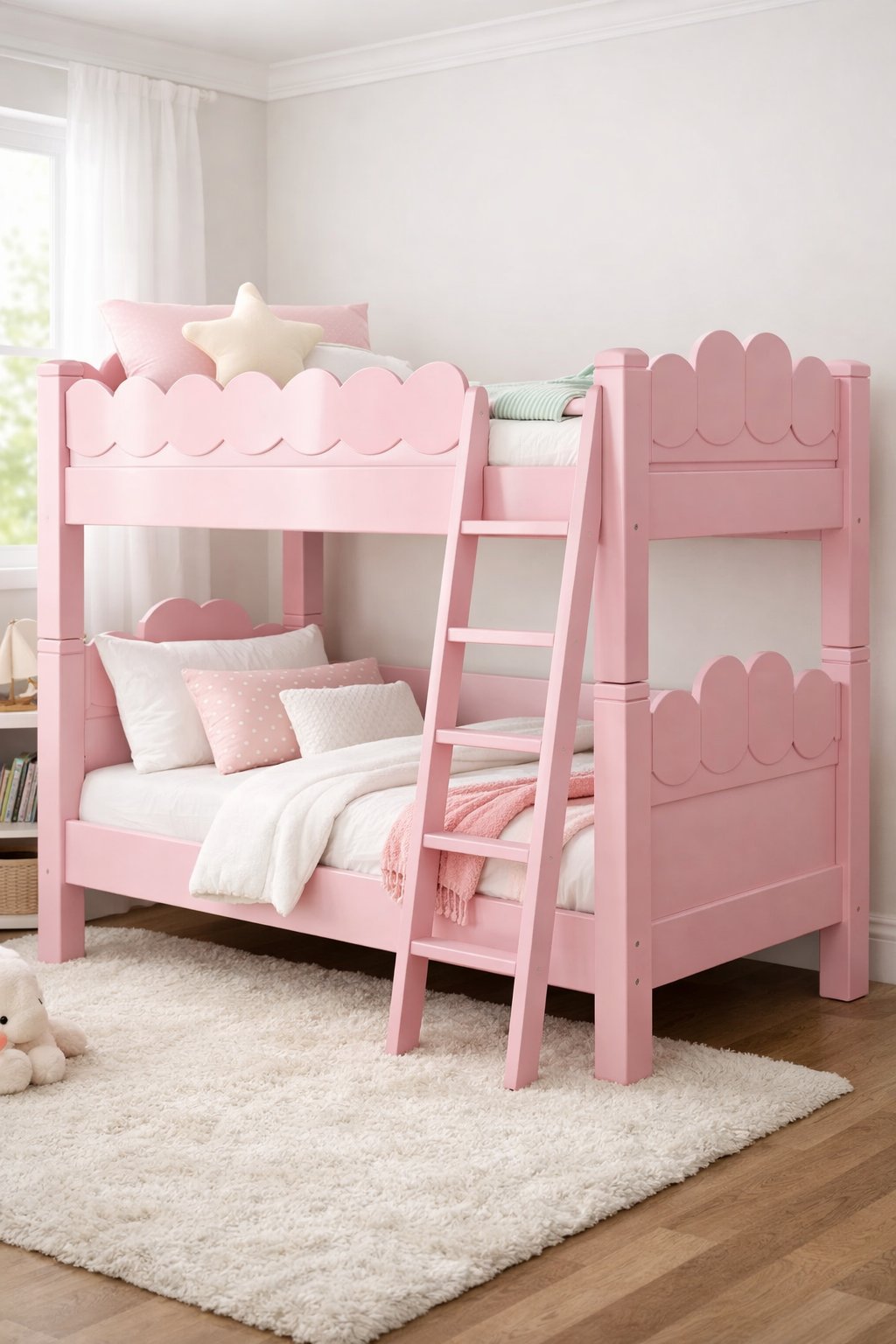 Modern Pink Bunk Bed Design Ideas: 7 Practical Concepts for Contemporary Rooms 7 Compact pink bunk bed with scalloped trim in a bright child's bedroom.