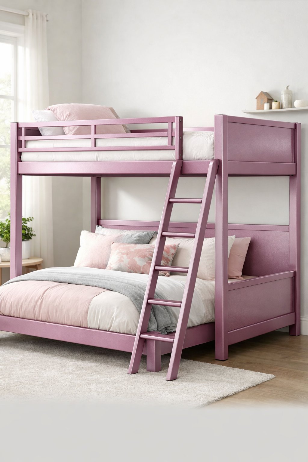 Modern Pink Bunk Bed Design Ideas: 7 Practical Concepts for Contemporary Rooms 8 A shimmery mauve pink bunk bed in a bright bedroom with natural light, featuring a ladder and neatly made lower bunk.