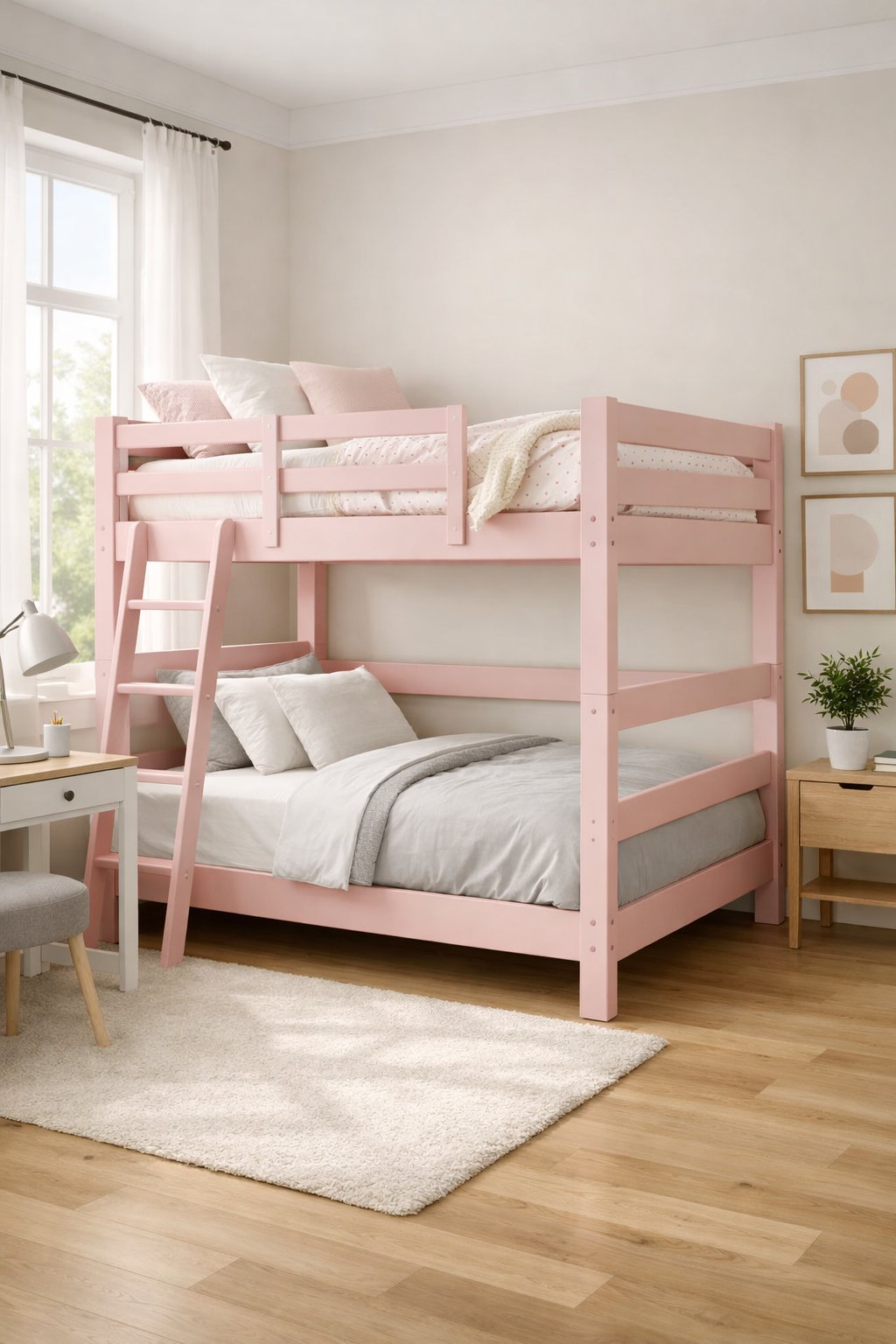 Modern Pink Bunk Bed Design Ideas: 7 Practical Concepts for Contemporary Rooms 9 A bright bedroom with pink bunk beds, white bedding, a small desk, and a potted plant.