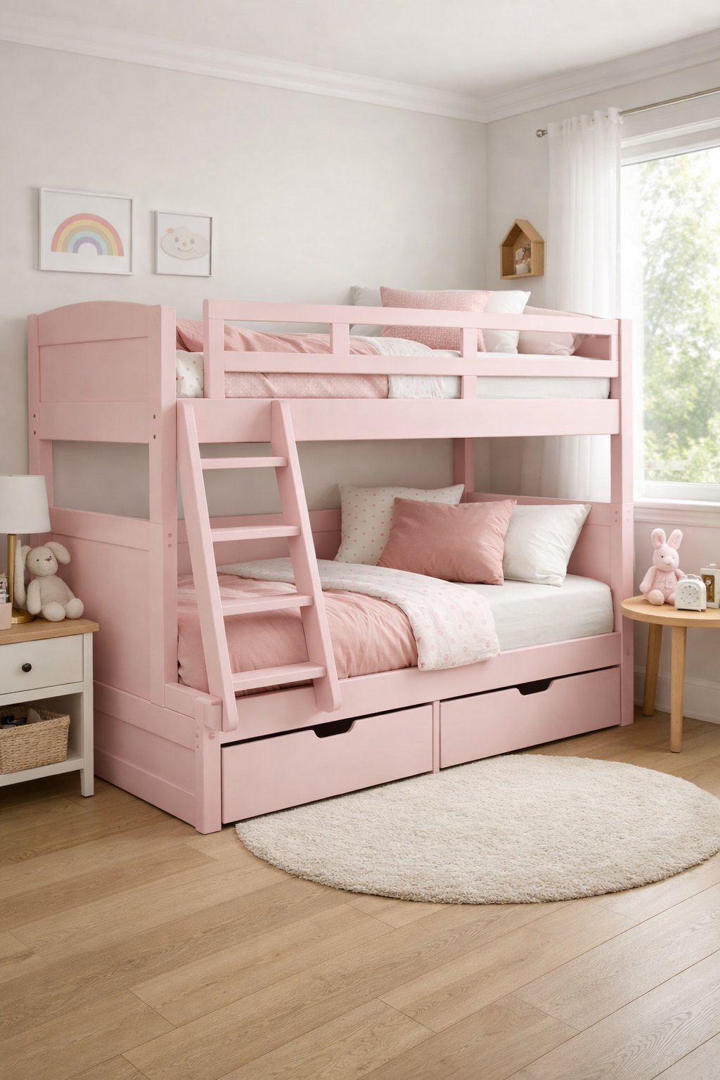 Modern Pink Bunk Bed Design Ideas: 7 Practical Concepts for Contemporary Rooms 10 A children's bedroom with a pink bunk bed featuring safety rails, a ladder, and built-in storage drawers, illuminated by natural light.