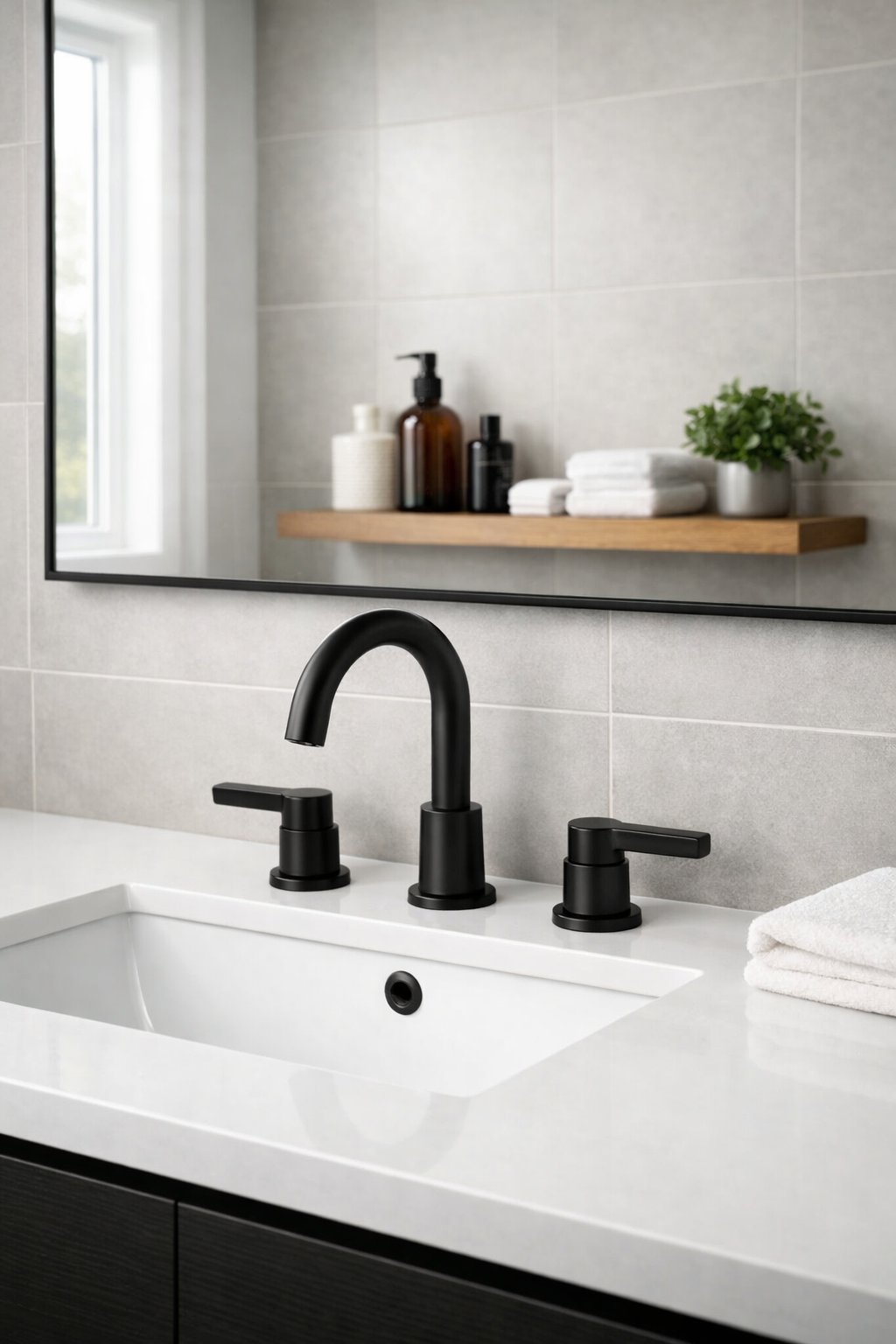 A modern bathroom with a white sink, black faucet, mirror, gray tiled walls, wooden shelf, and a small green plant.