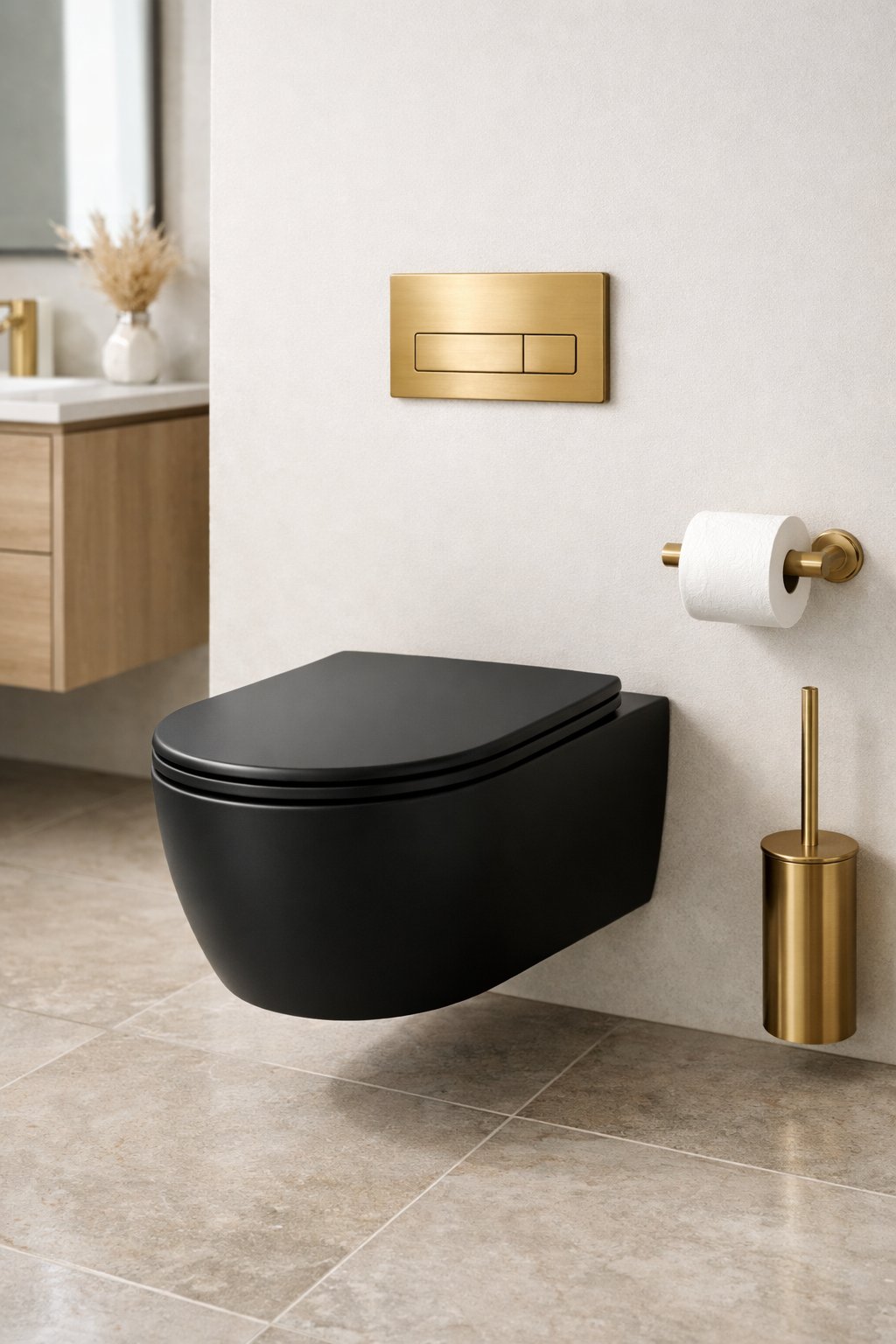 A floating black toilet with brass fixtures mounted on a light-colored wall in a clean bathroom.