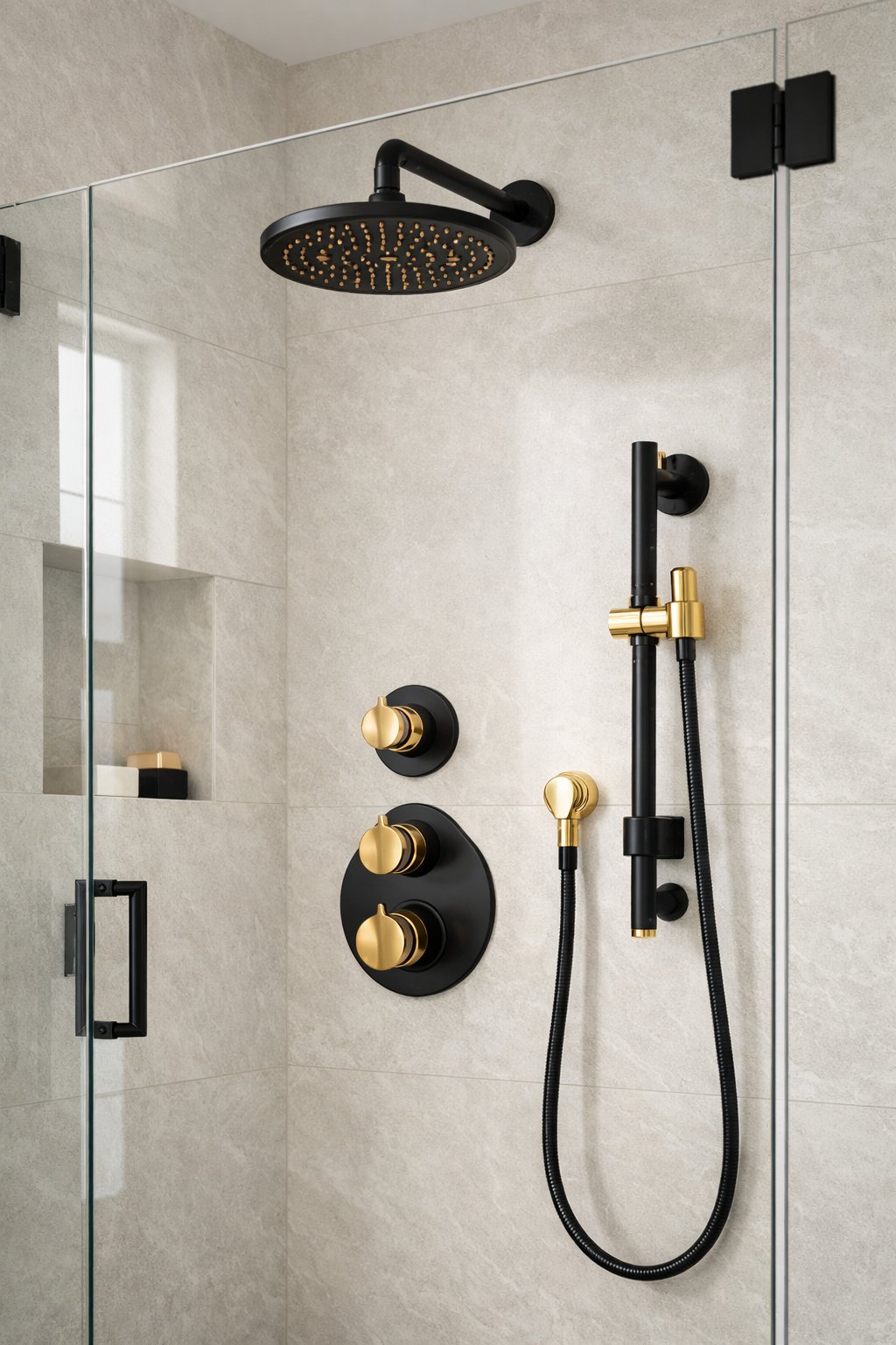 Walk-in shower with black and brass shower fixtures and clear glass panels in a bright bathroom.