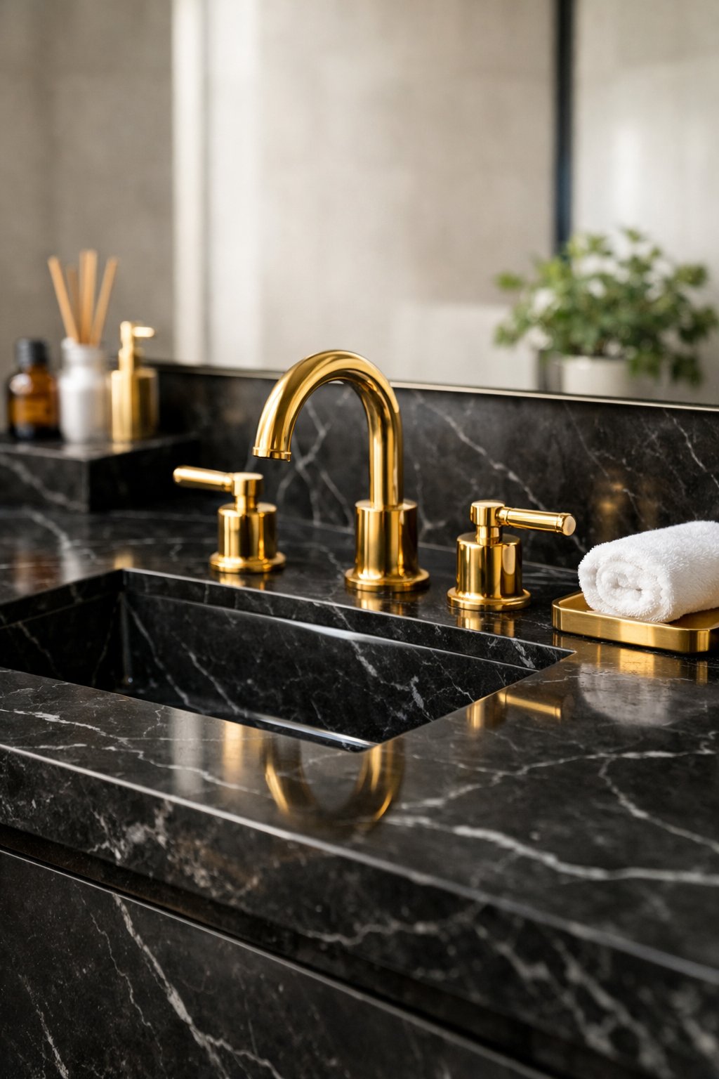 A bathroom countertop made of black marble with brass faucets and a sink, set in a clean and modern bathroom.