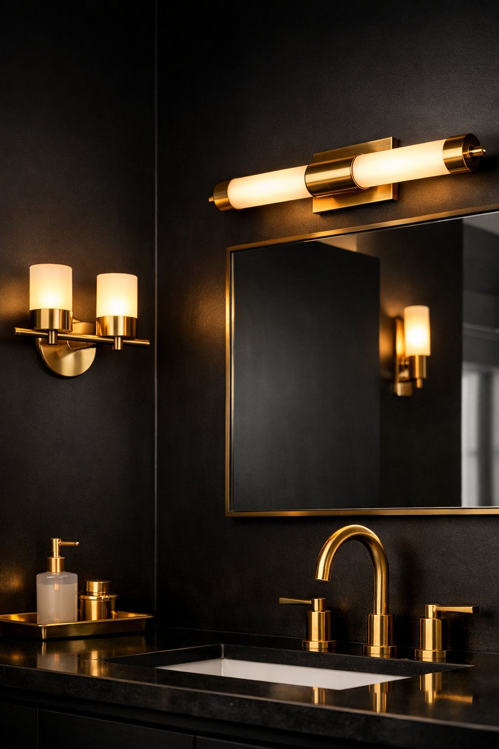 Brass light fixtures mounted on black walls in a bathroom setting.