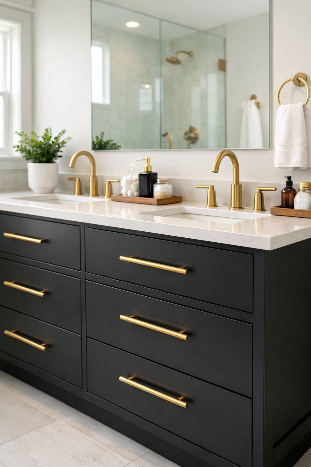 A bathroom with black vanities featuring brass drawer pulls, a light countertop, a large mirror, and natural light.