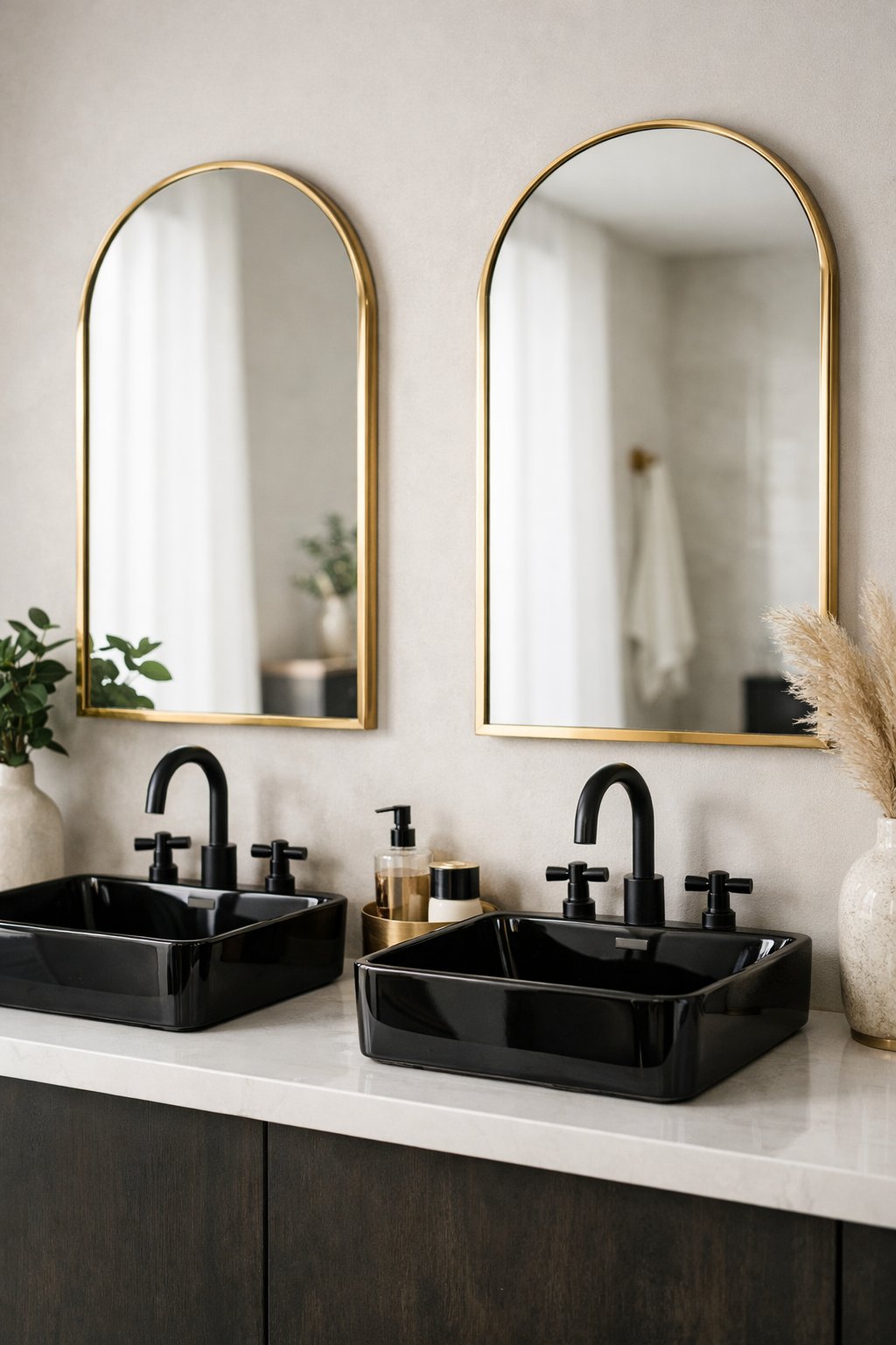 A bathroom with brass-framed mirrors above black ceramic sinks and black brass faucets.