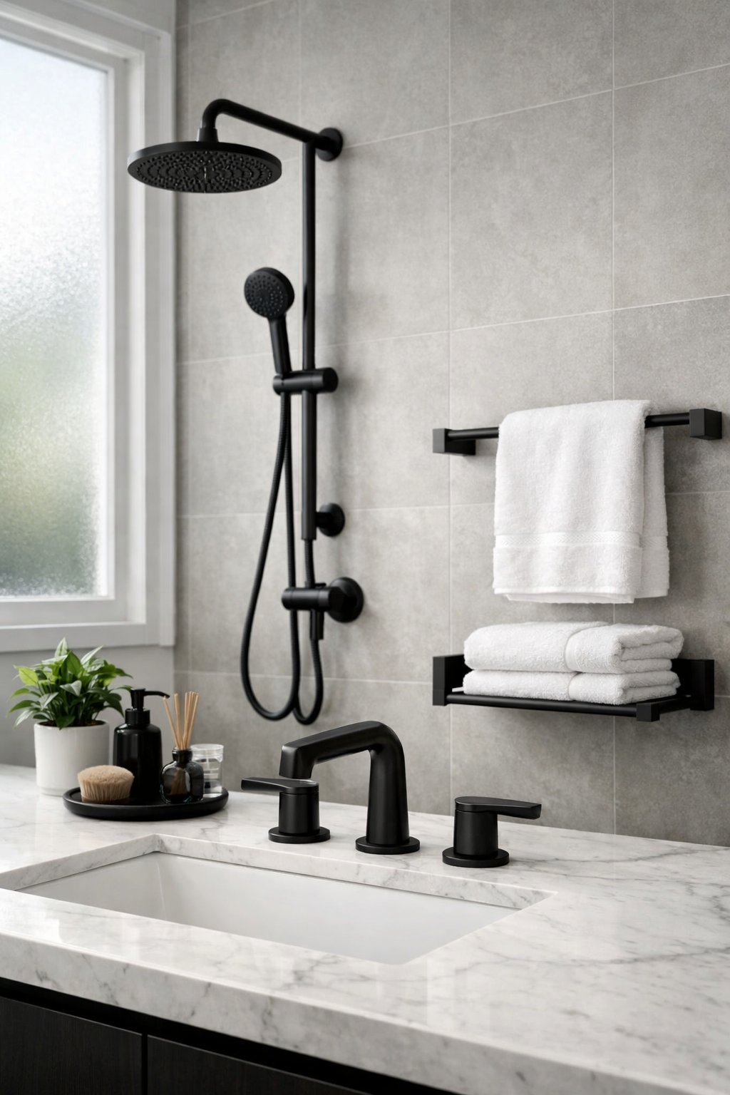 Modern bathroom with a sink, black faucet, showerhead, and towel rack, featuring white marble countertops and gray tiled walls.