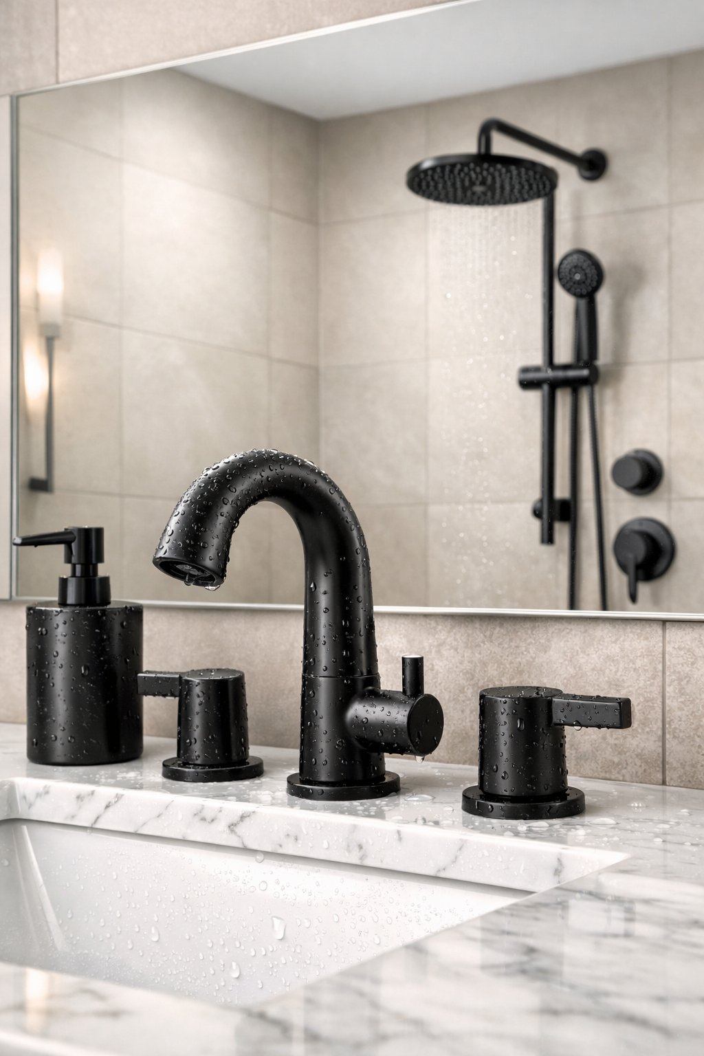 A modern bathroom with black faucet and shower fixtures, a white marble countertop, and a large mirror.