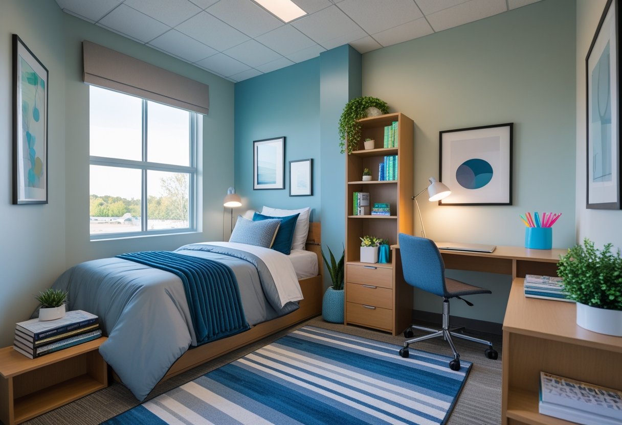 Dorm room color designs featuring blue and gray bedding, plants, desk and bookshelf